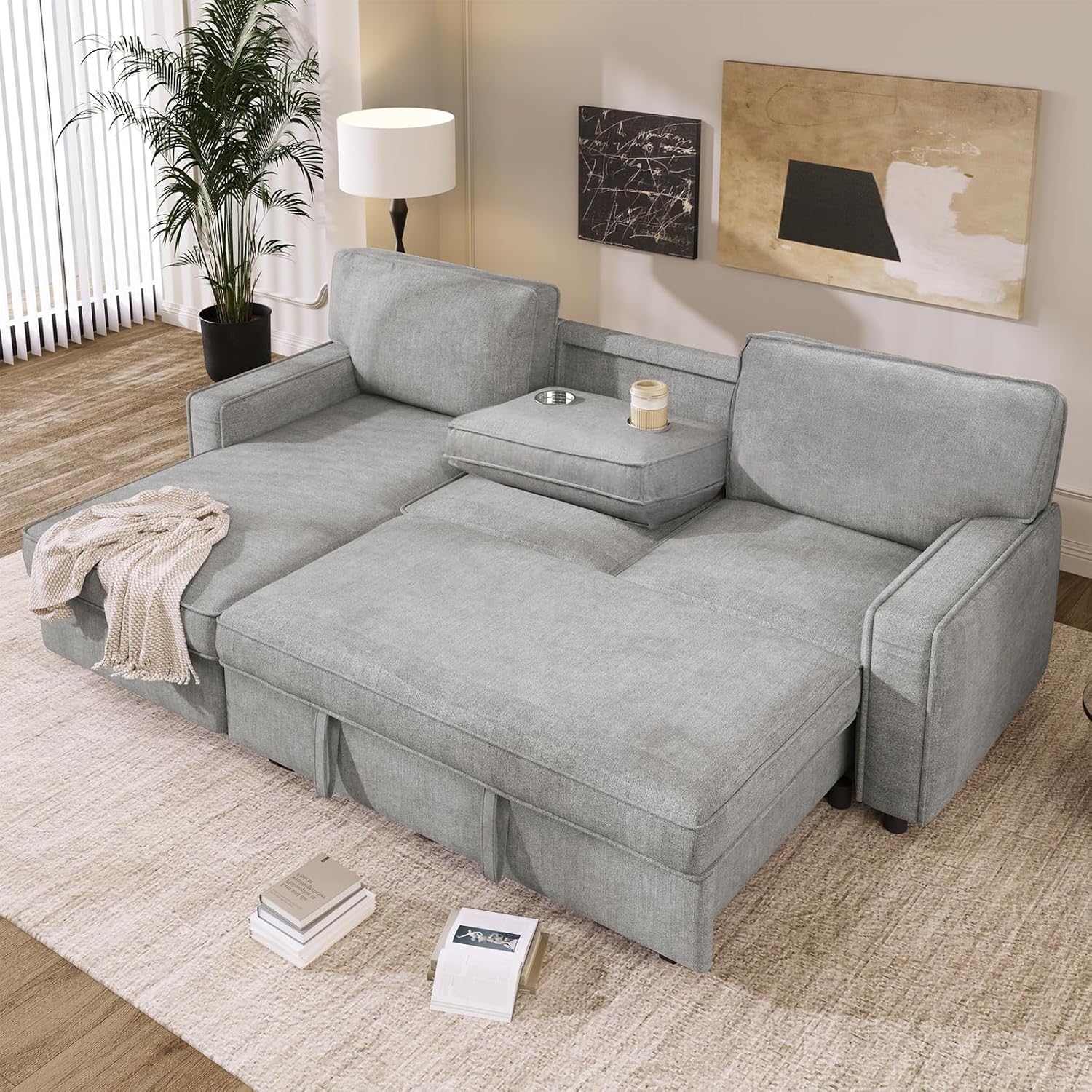 Merax 89' L-Shaped Sleeper Sofa Bed with Pull Out Bed & Reversible Chaise, Sleeper Sofa Couch with Storage Space, USB Port, and 2 Cup Holders on Back Cushions for Living Room Furniture Set, Grey