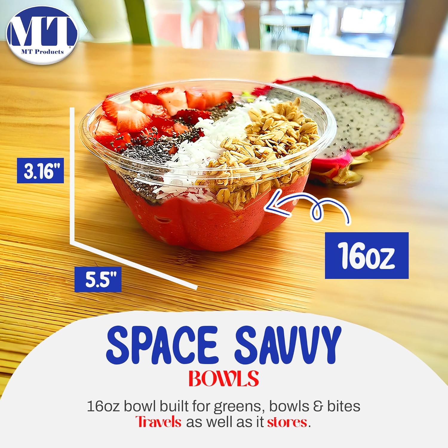 MT Products Plastic Acai Fruit Bowl 16 oz. - Disposable Salad Bowl with Lids (Pack of 300) - Made in the USA