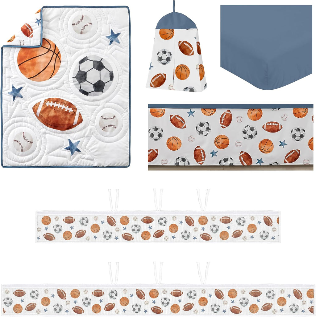 Sweet Jojo Designs Sports Theme Boy Baby Crib Bedding Set Infant Nursery Room BreathableBaby Breathable Mesh Crib Liner Blanket Fitted Sheet 6p Watercolor Vintage Soccer Football Baseball Basketball