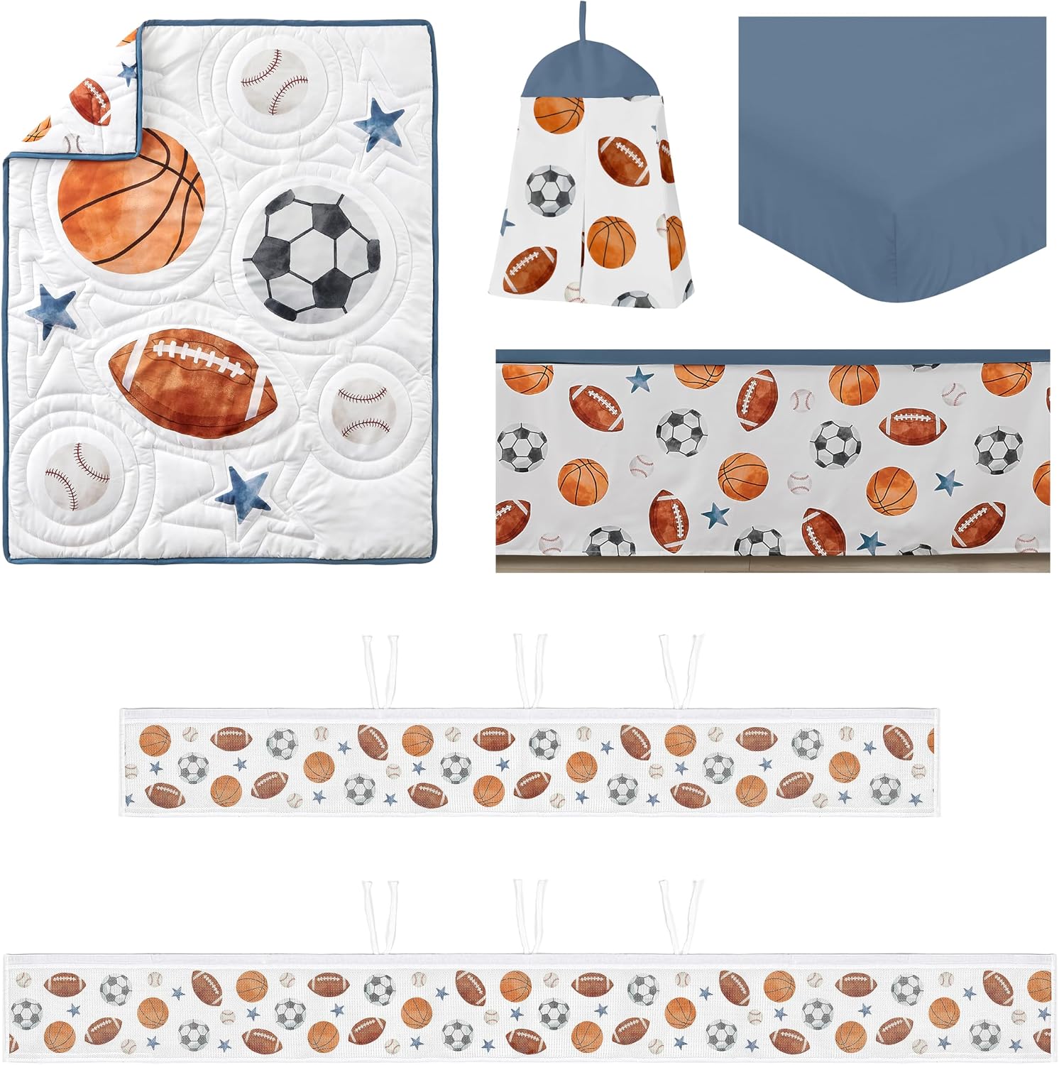 Sweet Jojo Designs Sports Theme Boy Baby Crib Bedding Set Infant Nursery Room BreathableBaby Breathable Mesh Crib Liner Blanket Fitted Sheet 6p Watercolor Vintage Soccer Football Baseball Basketball
