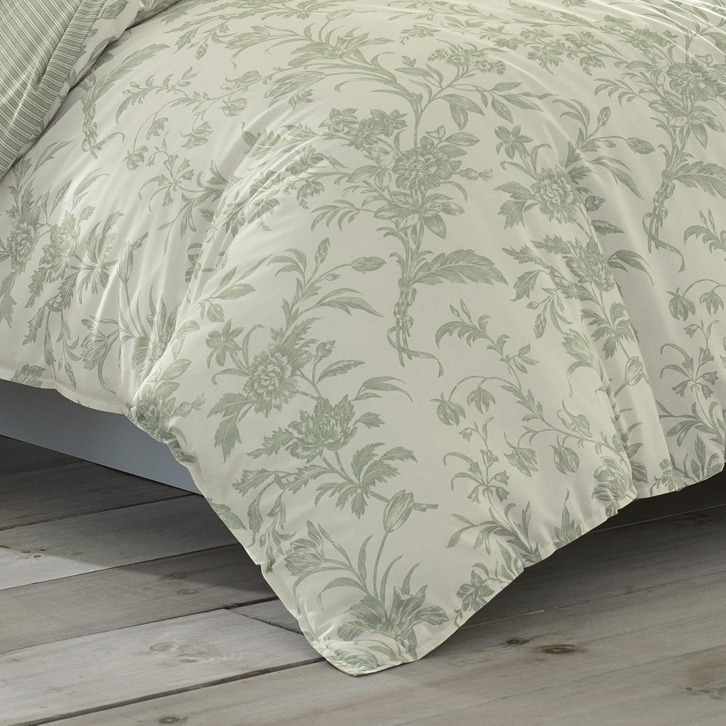 Laura Ashley Home - King Duvet Cover Set, Reversible Cotton Bedding, Includes Matching Shams with Bonus Euro Shams & Throw Pillows (Natalie Green, King)