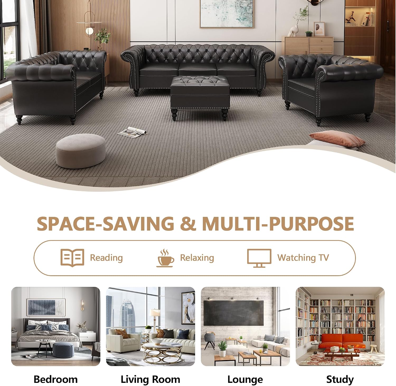 QHITTY Accent Large Sofa, Chesterfield Couch 3 Seater Modern Leather Couch Upholstered Sofa with Tufted Back for Living Room Furniture (Black)