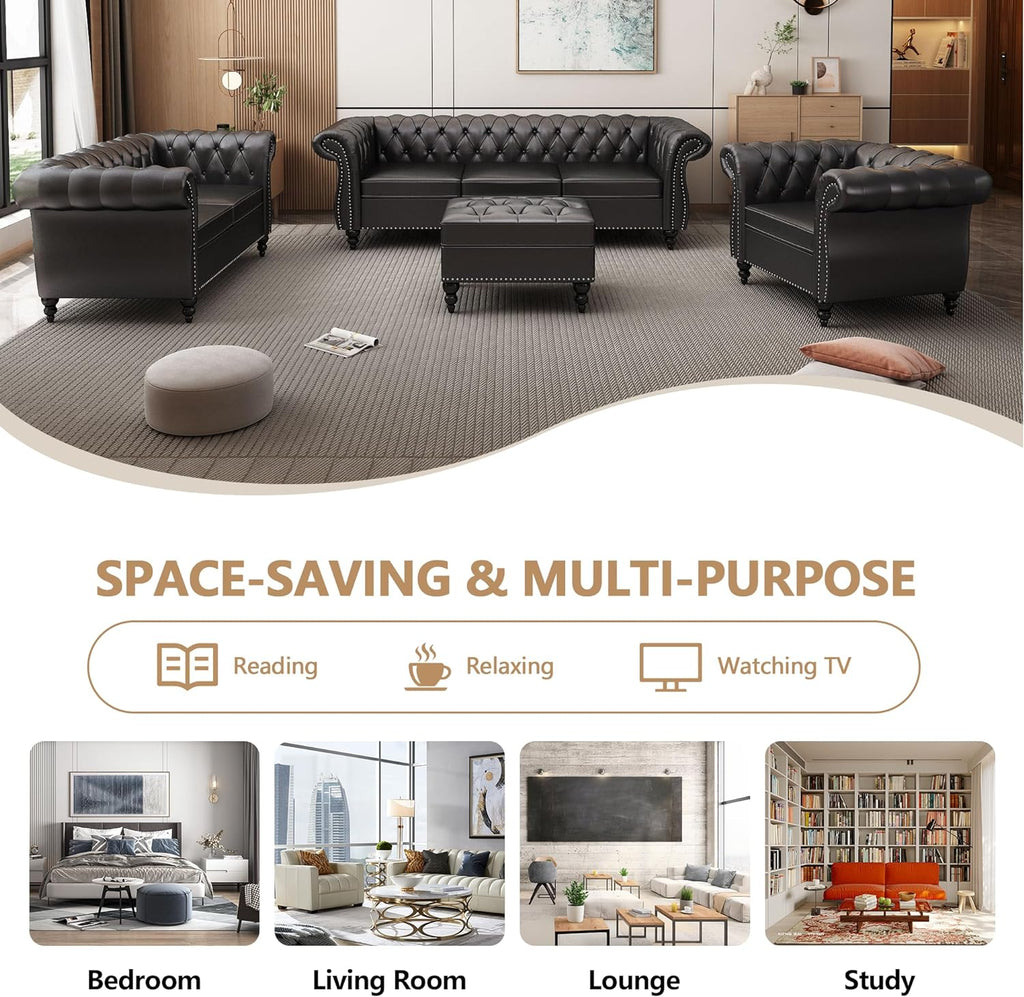 QHITTY 3 Piece Living Room Set, Sectional Chesterfield Sofa Chair Contemporary Upholstered Artificial Leather Loveseat Couch Sets for Living Room, Bedroom, Office (Black)