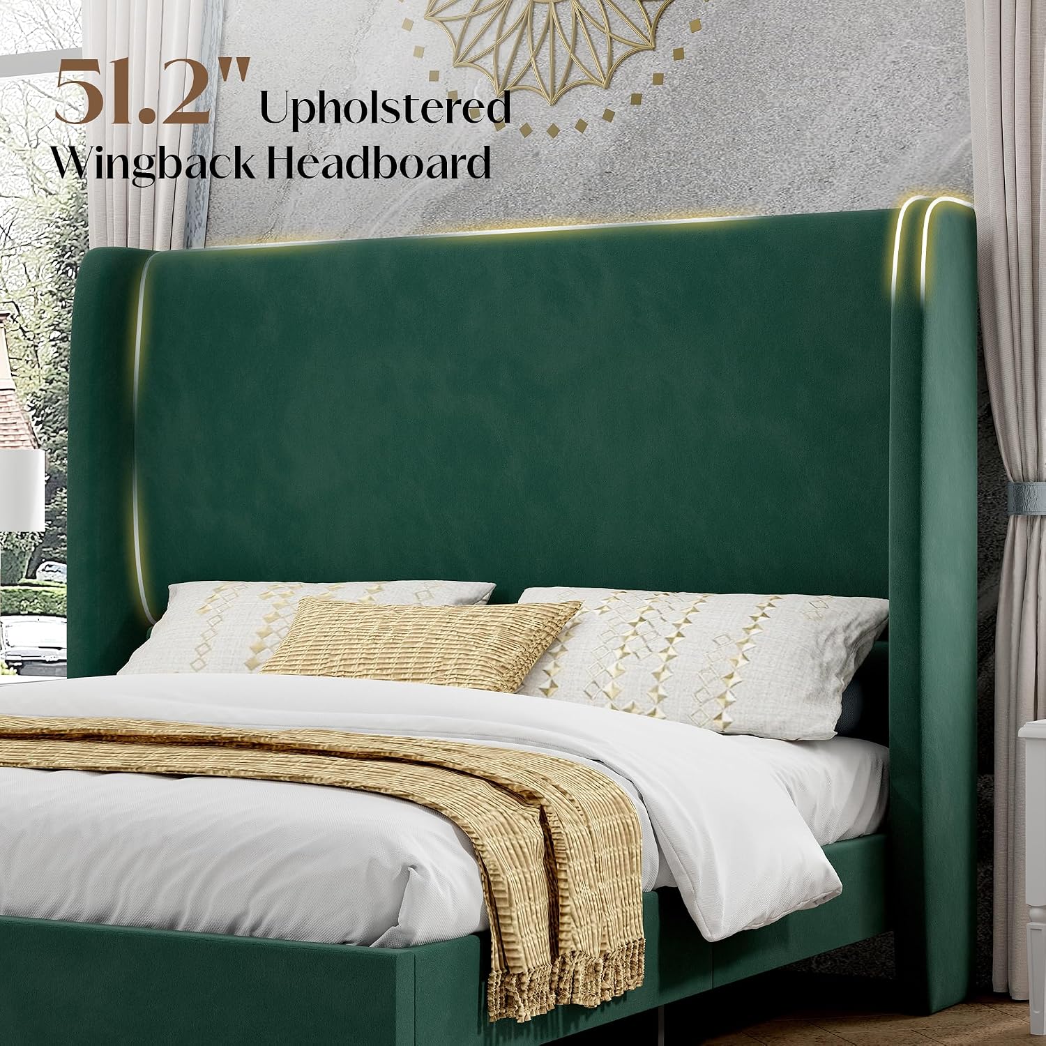 PaPaJet King Bed Frame with 51.2' Tall Wingback Headboard,Velvet Upholstered Platform Bed,Solid Wood Legs,No Box Spring Needed,Noise-Free&Easy Assembly,for Master Bedroom & Luxury Home,Green
