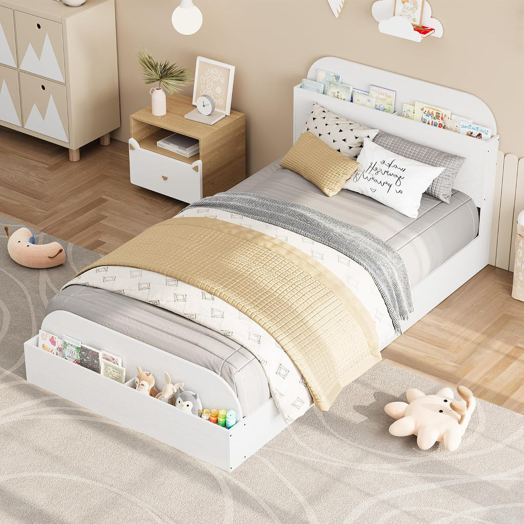 GarveeHome Twin Size Bed Frame, Wooden Beds with Storage Headboard and Raised-Foodboard for Kid, Twin-Floor Low Platform Bed for Bedroom, Sturdy Wooden Slats Support, No Box Spring Needed, White