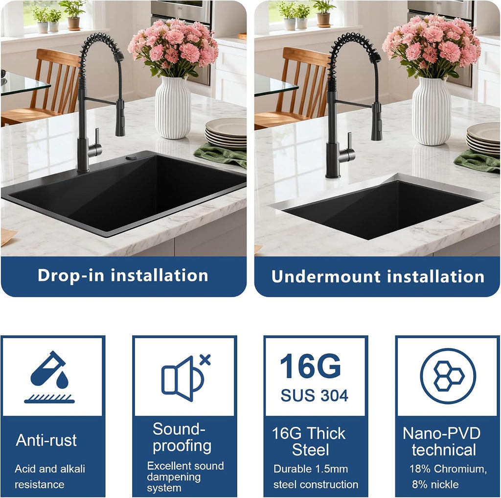 30 inch Dark Black Drop In Workstation kitchen Sink with Pull Out Faucet, Handmade Topmount Single Bowl 18 Gauge PVD-Nano Scratch-Resistant Stainless Steel Kitchen Sink with Accessories