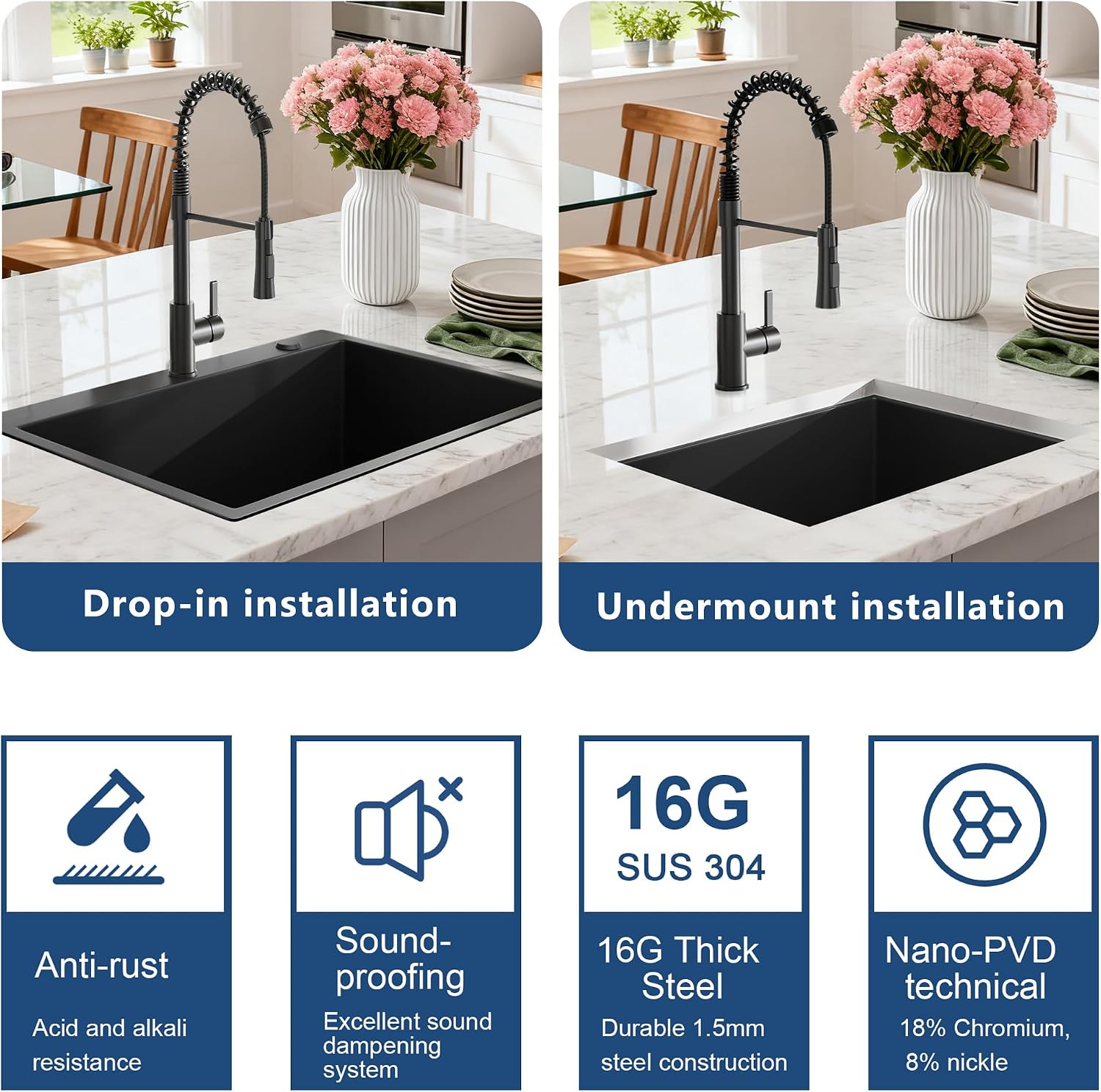 30 inch Dark Black Drop In Workstation kitchen Sink with Pull Out Faucet, Handmade Topmount Single Bowl 18 Gauge PVD-Nano Scratch-Resistant Stainless Steel Kitchen Sink with Accessories