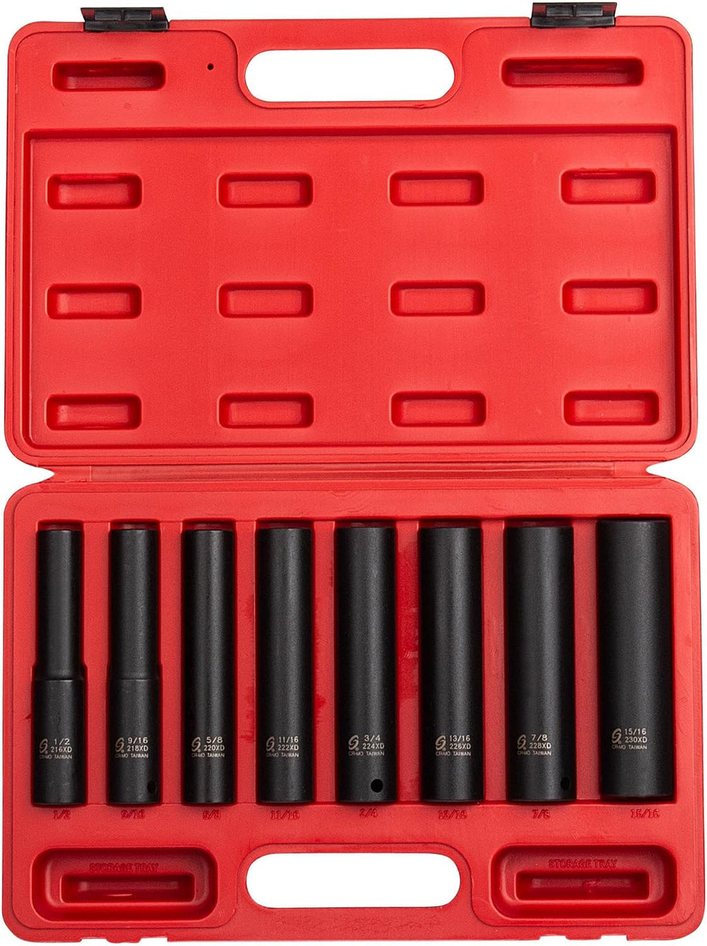 SUNEX TOOLS 2848, 1/2 Inch Drive Impact Socket Set, Extra Long Deep, 8-Piece, SAE, 1/2'-15/16', Cr-Mo Alloy Steel, Radius Corner Design, Dual Size Markings, Heavy Duty Storage Case