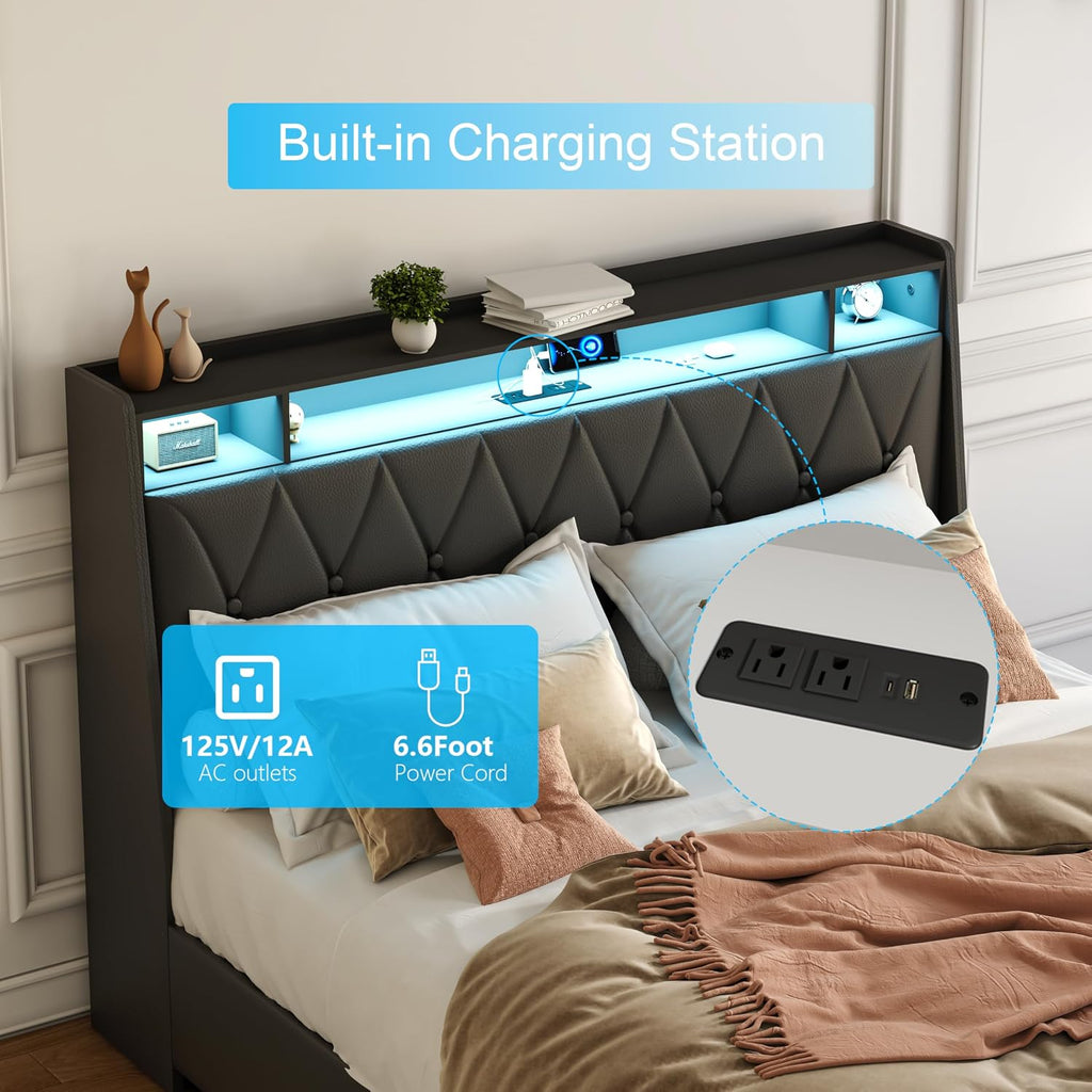 Black Full Bed Frame with Headboard, Metal Platform Bed Full Size with 2-Tier Bookshelf Storage, and 4 Storage Drawers & Charging Station Type C, No Box Spring Needed (Black+LED, Full)