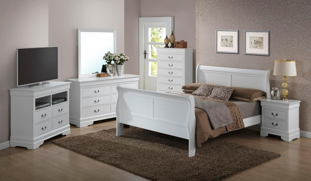 GDFStudio Full Size Wood Platform Bed Frame, Classic Sleigh Design with Curved Trim & Wood Posts,Easy Assembly, Box Spring Required,Timeless Elegant Bedroom Furniture,White