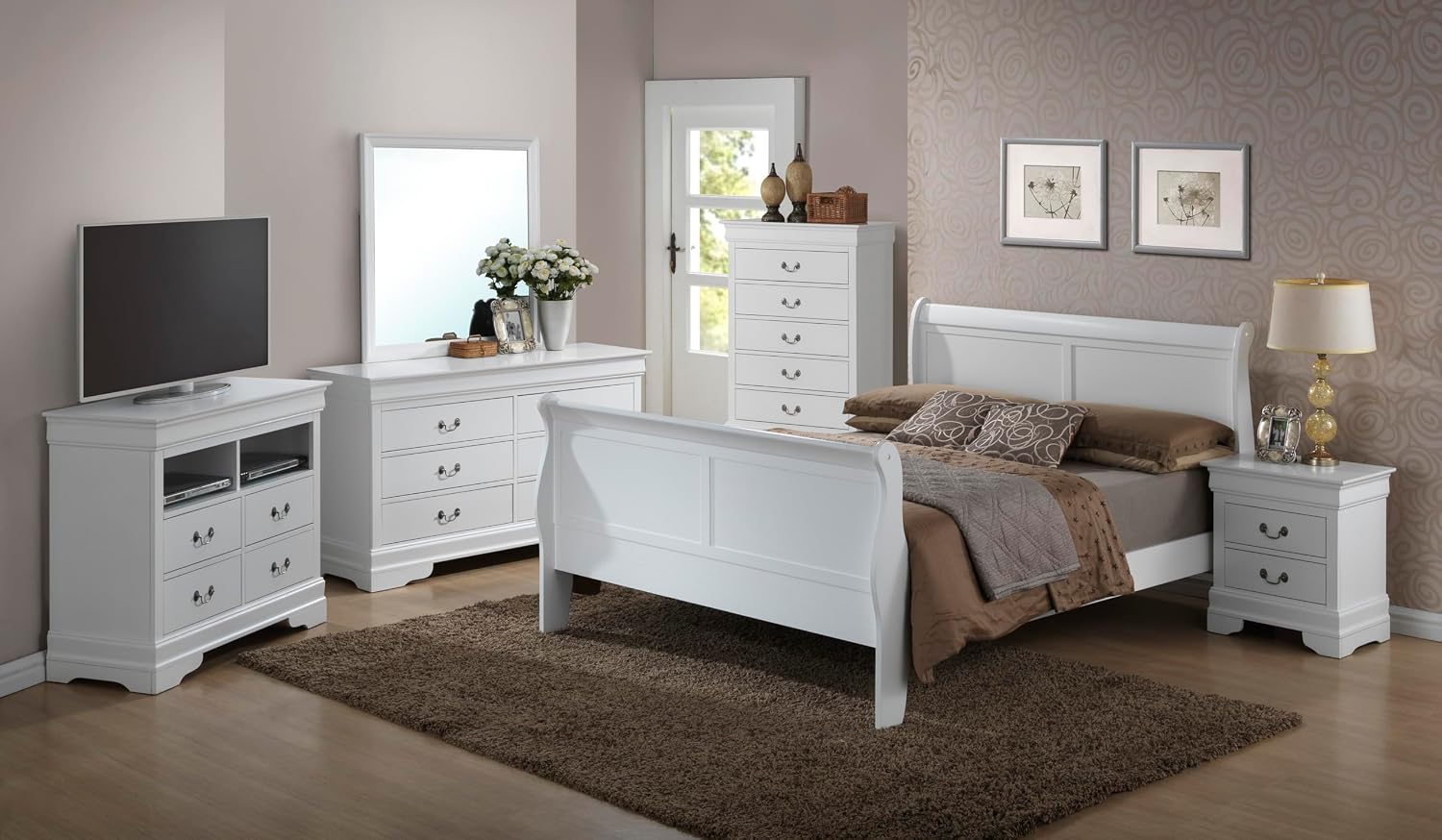 GDFStudio Queen Size Wood Platform Bed Frame, Classic Sleigh Design with Curved Trim & Wood Posts,Easy Assembly, Box Spring Required,Timeless Elegant Bedroom Furniture,White
