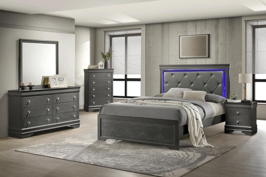GOWE Blaze Upholstered Modern Style 5 Pc Full Bedroom Set with LED Headboard Made with Wood in Metallic Gray(CA Warehouse)