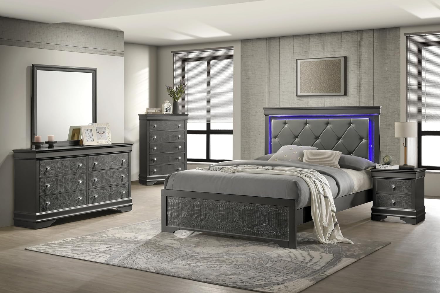 GOWE Blaze Upholstered Modern Style 5 Pc Full Bedroom Set with LED Headboard Made with Wood in Metallic Gray(CA Warehouse)
