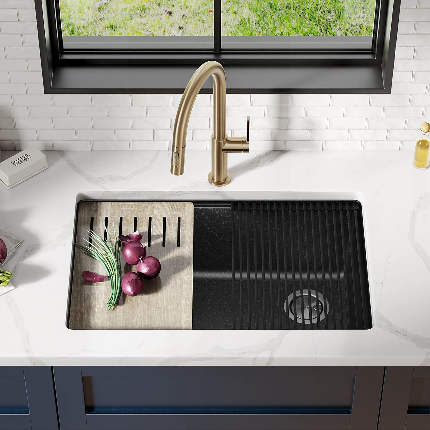 KRAUS Bellucci 30' in. Undermount Workstation Granite Kitchen Sink in Metallic Black with Accessories, KGUW2-30MBL