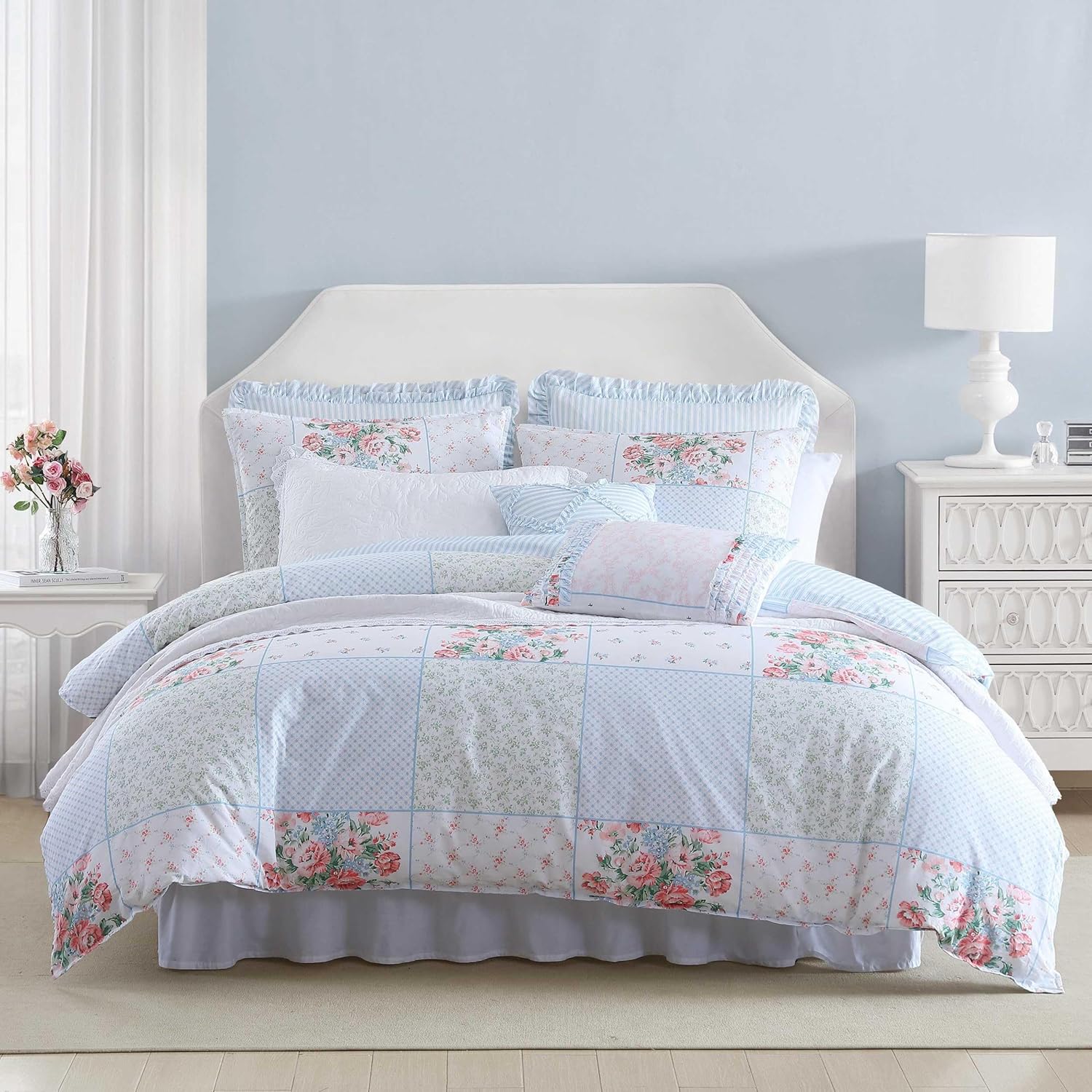 Laura Ashley - Duvet Set, Super Soft & Cozy Bedding, Includes Matching Shams & Bonus Throw Pillow Covers, Coquette Room Decor (Hope Patchwork Blue, King)