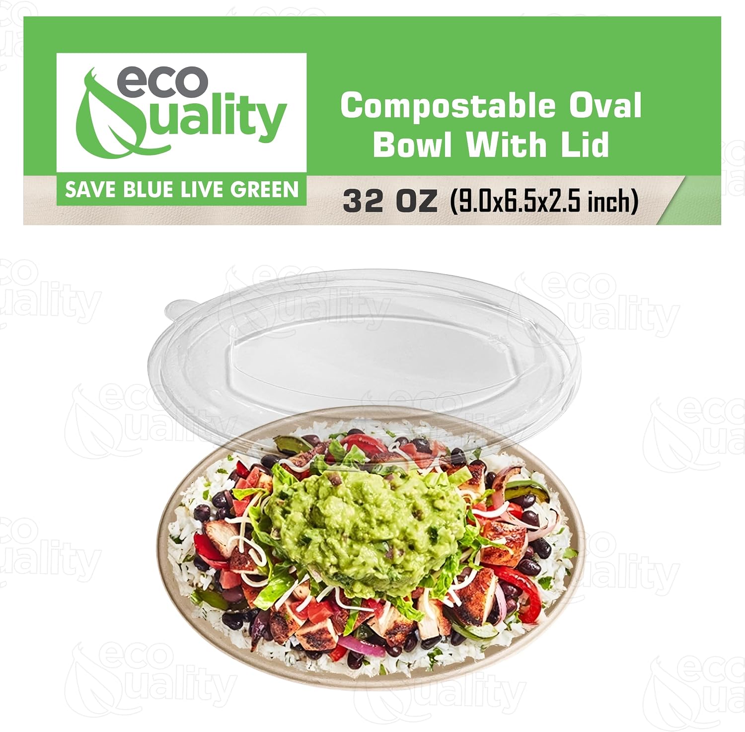 32 oz Disposable Compostable Fiber Oval Burrito Bowls with Dome Lids Heavy-Duty, Eco-Friendly Natural Bagasse Unbleached, Heat Resistant, Biodegradable Paper Salad Bowls Alternative to Plastic (200)
