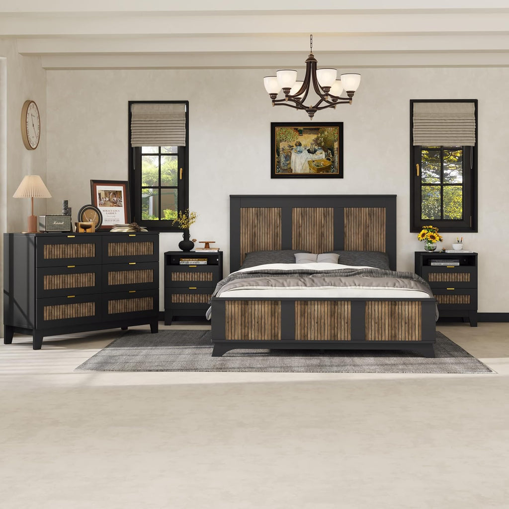 Farmhouse 4-Pieces Bedroom Sets, Queen Size Farmhouse Platform Bed with Wooden Strip Stickers Decoration, 2 Nightstands and 6 Drawer Dresser with Metal Handle (Black-4PS)