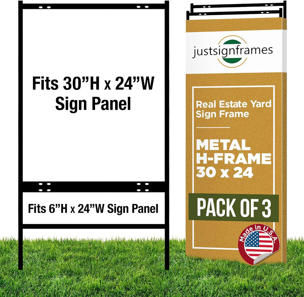 Real Estate Yard Sign Metal H Frame with Rider (Pack of 3) - Steel Real Estate Sign Holder, 30' x 24' Yard Signs, Yard Sign Stand, Open House Signs for Real Estate, (1 Main, 1 Rider,