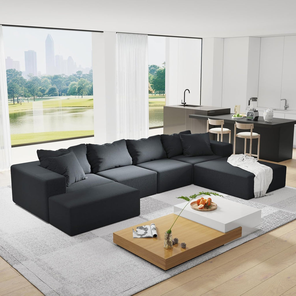 RuiSiSi Modern Upholstered Sectional Sofa Couch Set, 132' Modular L-Shaped Sectional Sofa Set with 6 Pillows, Free Combination Couch for Living Room, Bedroom, No Needed Assembly, Black