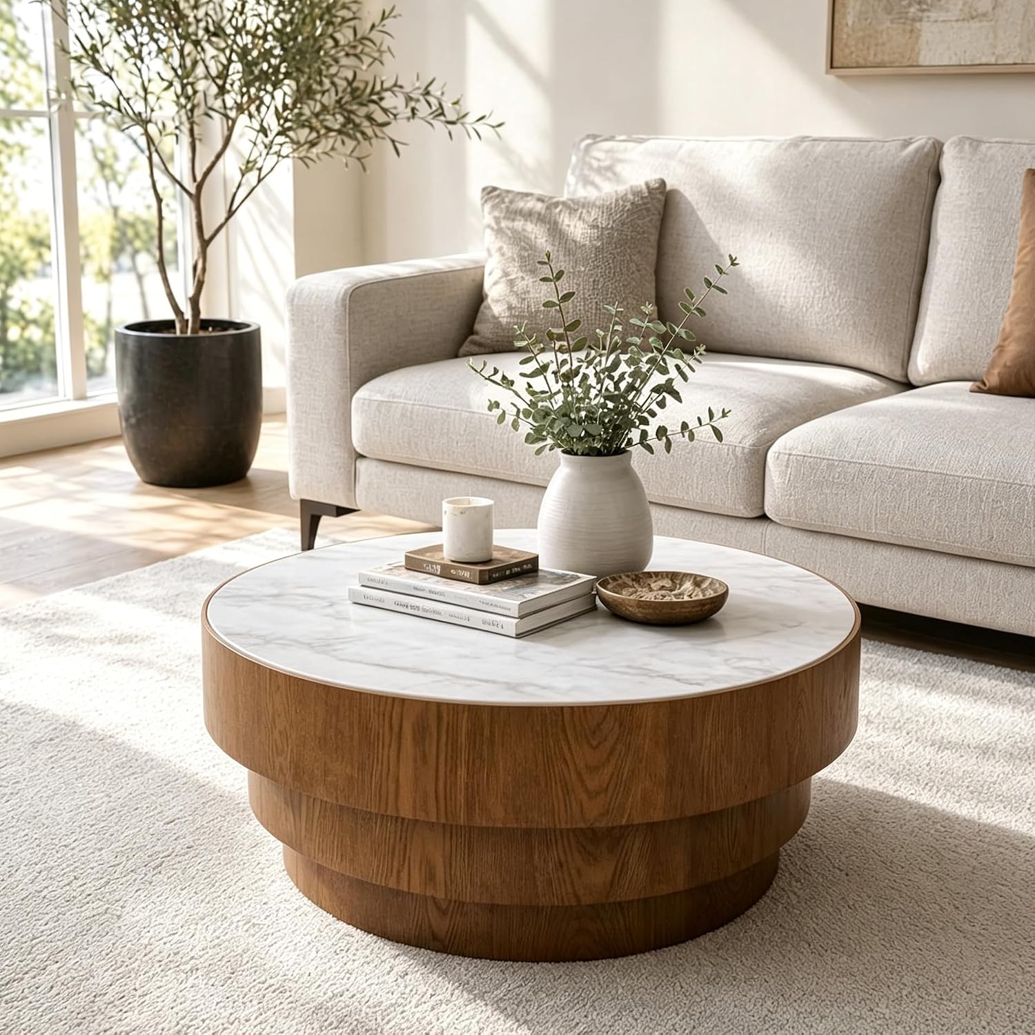 31.5' White Round Coffee Table, Round Coffee Table with Sintered Stone Tabletop and MDF with Wood Veneer Tiered Base, Modern Low Profile Circle Cocktail Tea Table for Living Room