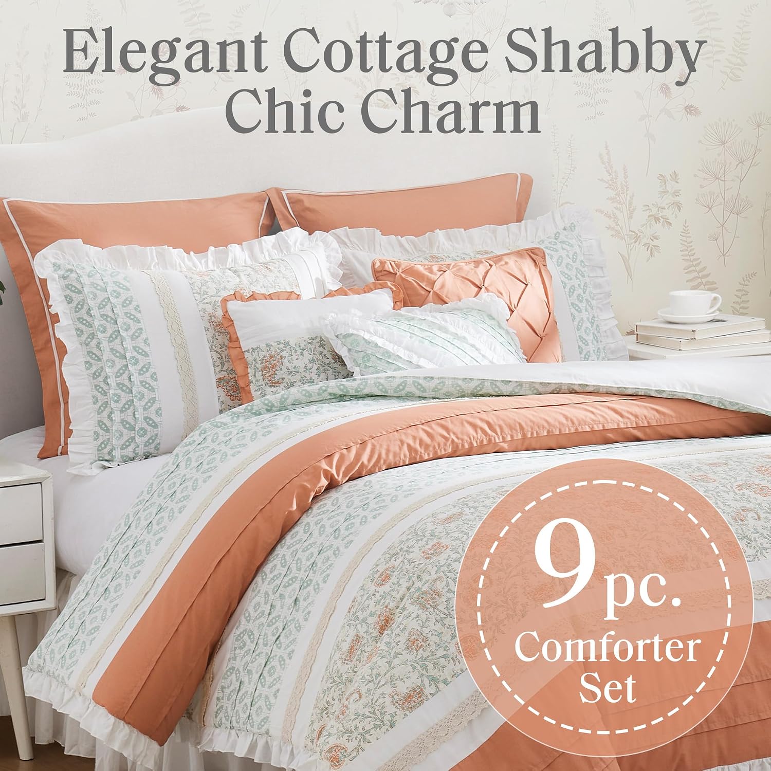 Madison Park Dawn 100% Cotton Shabby Chic Comforter Set-Modern Cottage Design All Season Down Alternative Bedding, Matching Shams, Bedskirt, Decorative Pillows, King(104'x92'), Coral 9 Piece