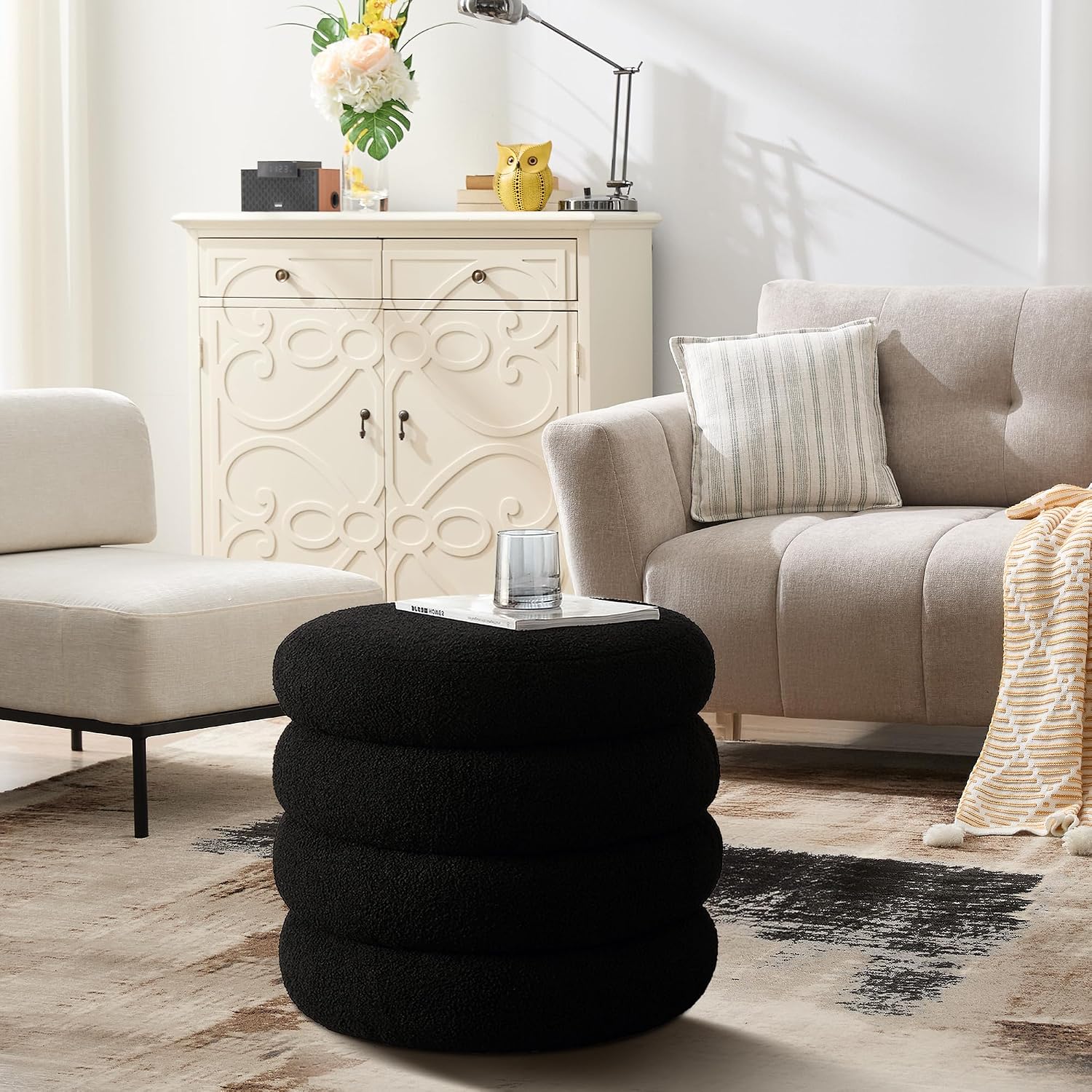 19.5 Inch Round Storage Ottoman, Modern Sherpa Ottoman Coffee Table with Removable Top, Black Vanity Stool with Storage for Bedroom, Living Room, Dorm, Set of 2