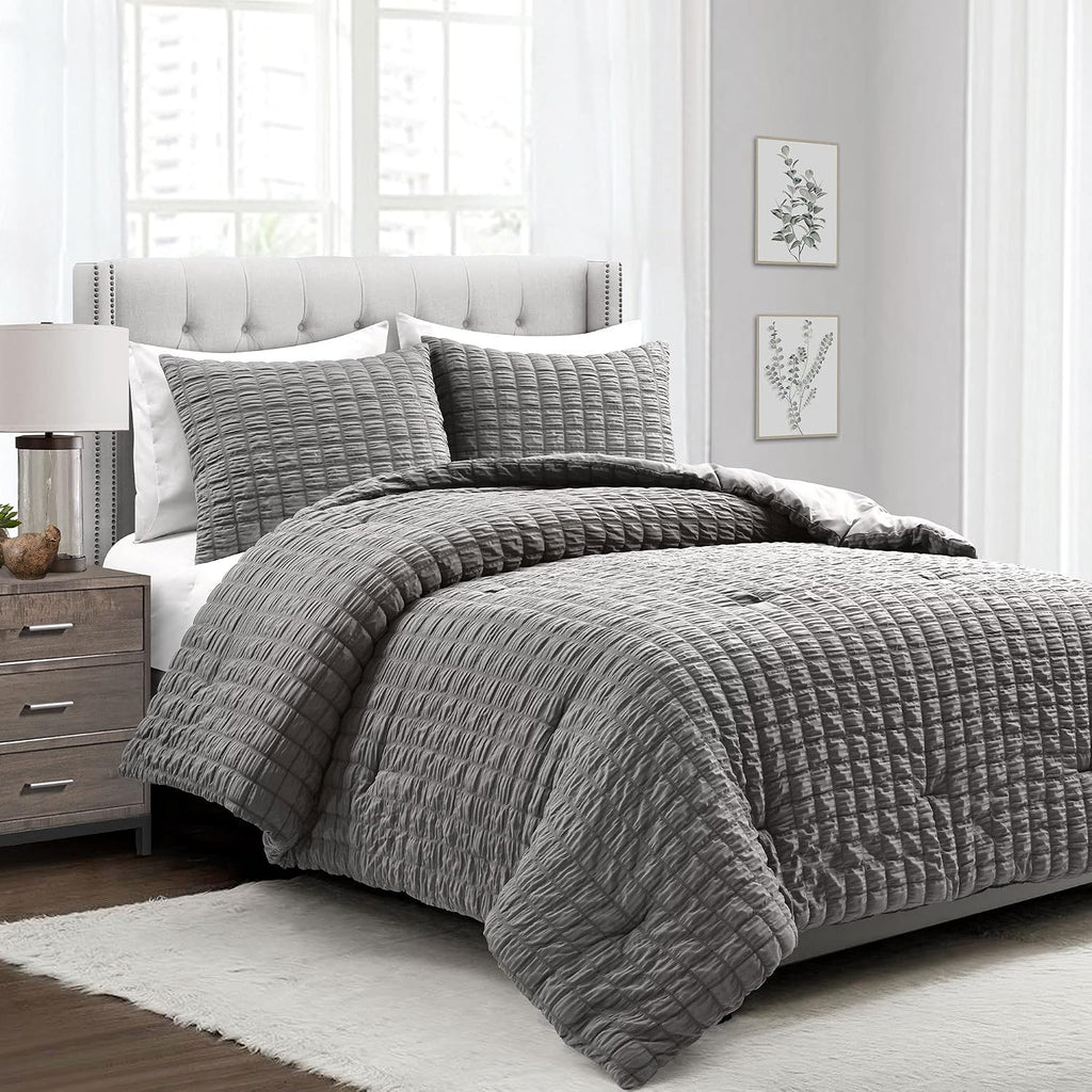 Lush Decor Crinkle Textured Dobby 3 Piece Comforter Set, King, Dark Gray