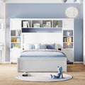 Merax Full Size Wooden Bed with All-in-One Cabinet, White Platform Bed Frame with 2 Drawers, Trundle and Sockets