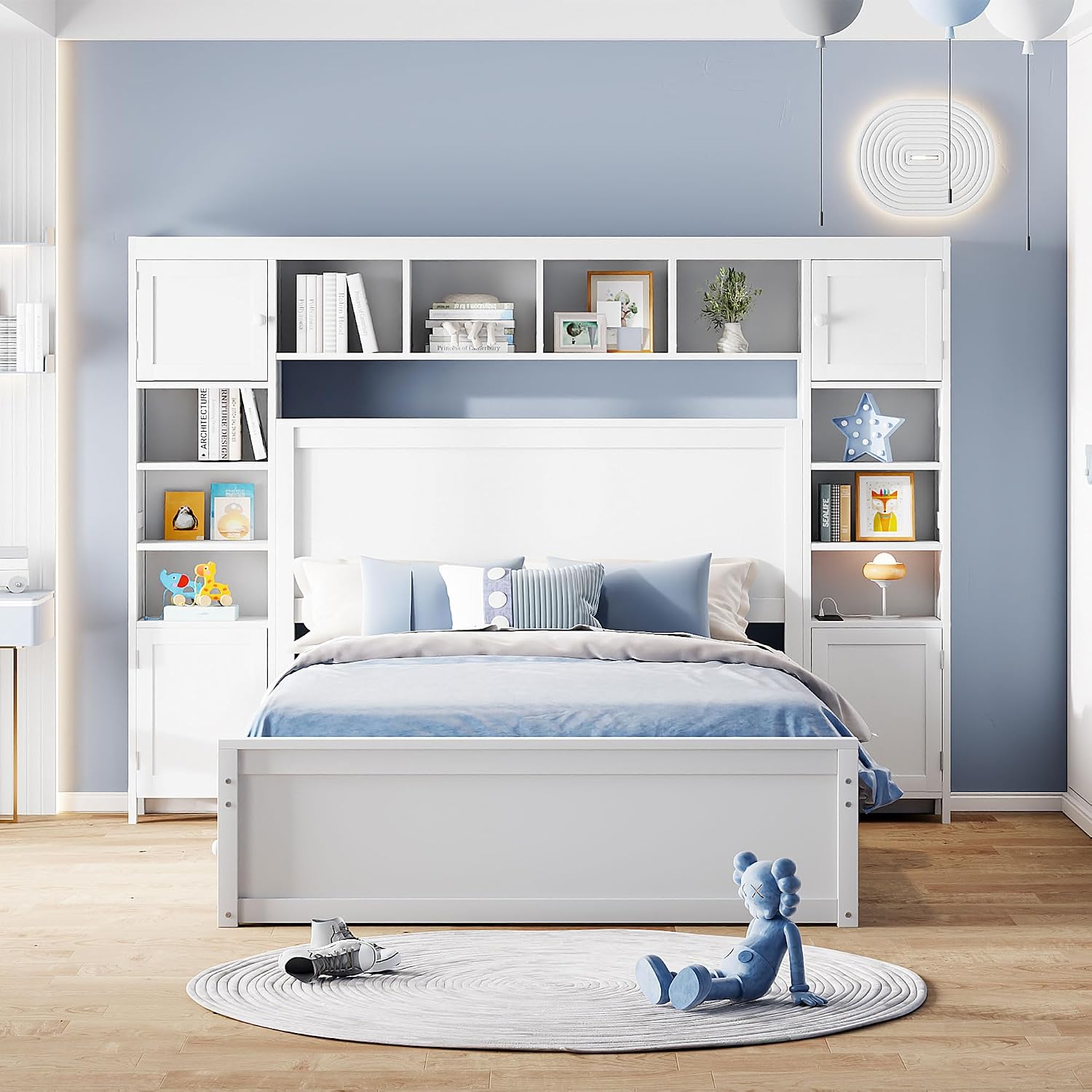 Merax Full Size Wooden Bed with All-in-One Cabinet, White Platform Bed Frame with 2 Drawers, Trundle and Sockets