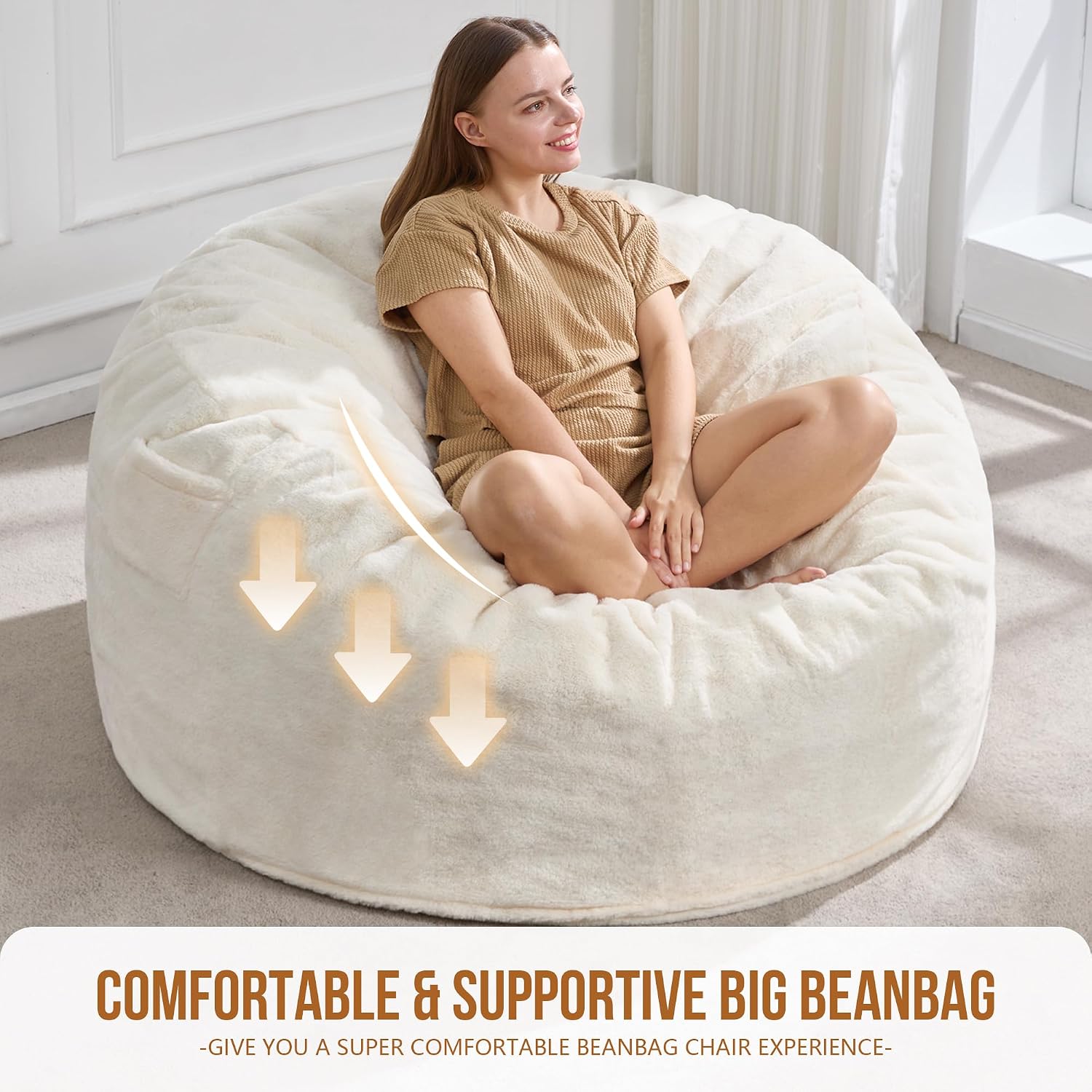 Hobestluk 5ft Bean Bag Chairs for Adults Large Beanbag Chair with Plush Faux Fur Cover Big Bean Bag Chair for Living Room Bedroom Dorm Office - White (50' x 50' x 24')