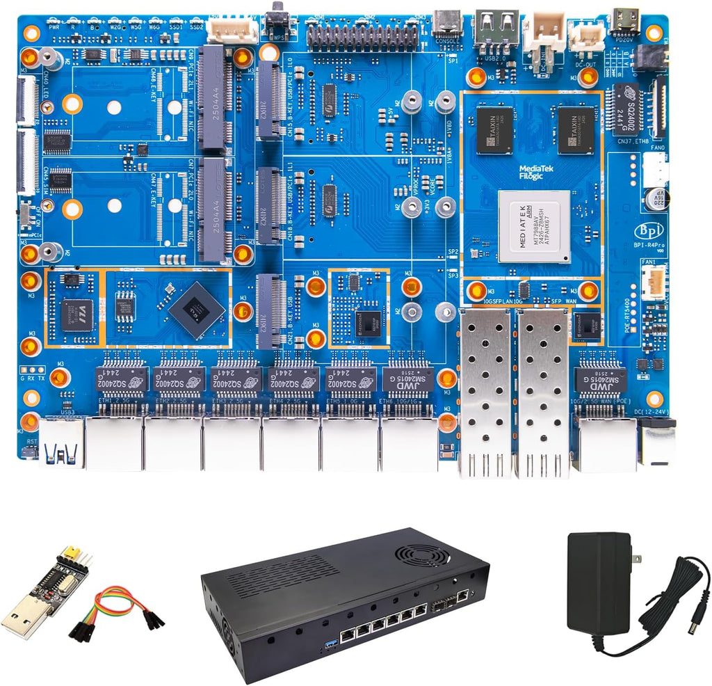 youyeetoo BPI-R4 Pro 8X/4E WiFi 7 Router Board, 8GB DDR4 MT7988A Cortex-A73 1.8GHz, 2x10G SFP+ 4x2.5GbE Ports, Support OpenWrt for Advanced Networking/NAS (Metal case kit,R4 Pro 8X)