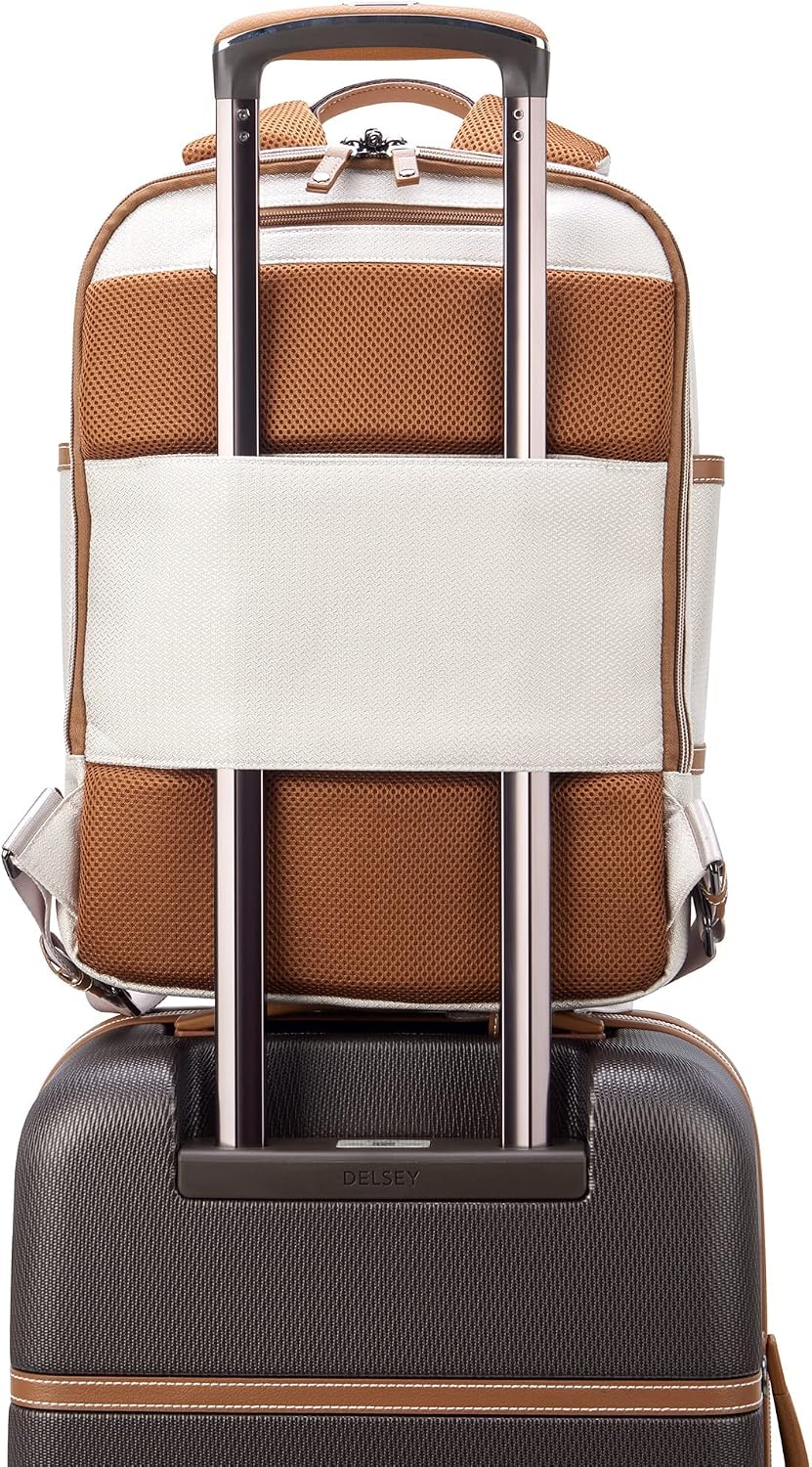DELSEY PARIS Chatelet Air 2.0 - Travel Laptop Backpack - Fits 14' Laptop - Water-Repellent Recycled Fabric Backpack - Vegan Leather Trim - Smart Trolley Band, Angora