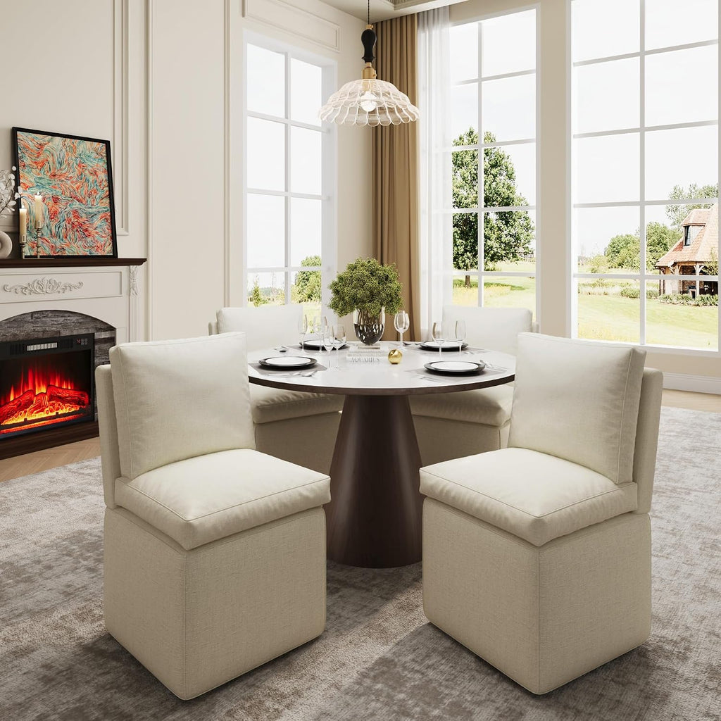 BLANKSPACE Upholstered Chairs for Dining Room, Linen Beige Chairs with Casters, Armless Single Sofa Chair with Storage Set of 4 for Guest Seating, Bedroom, Reading Room