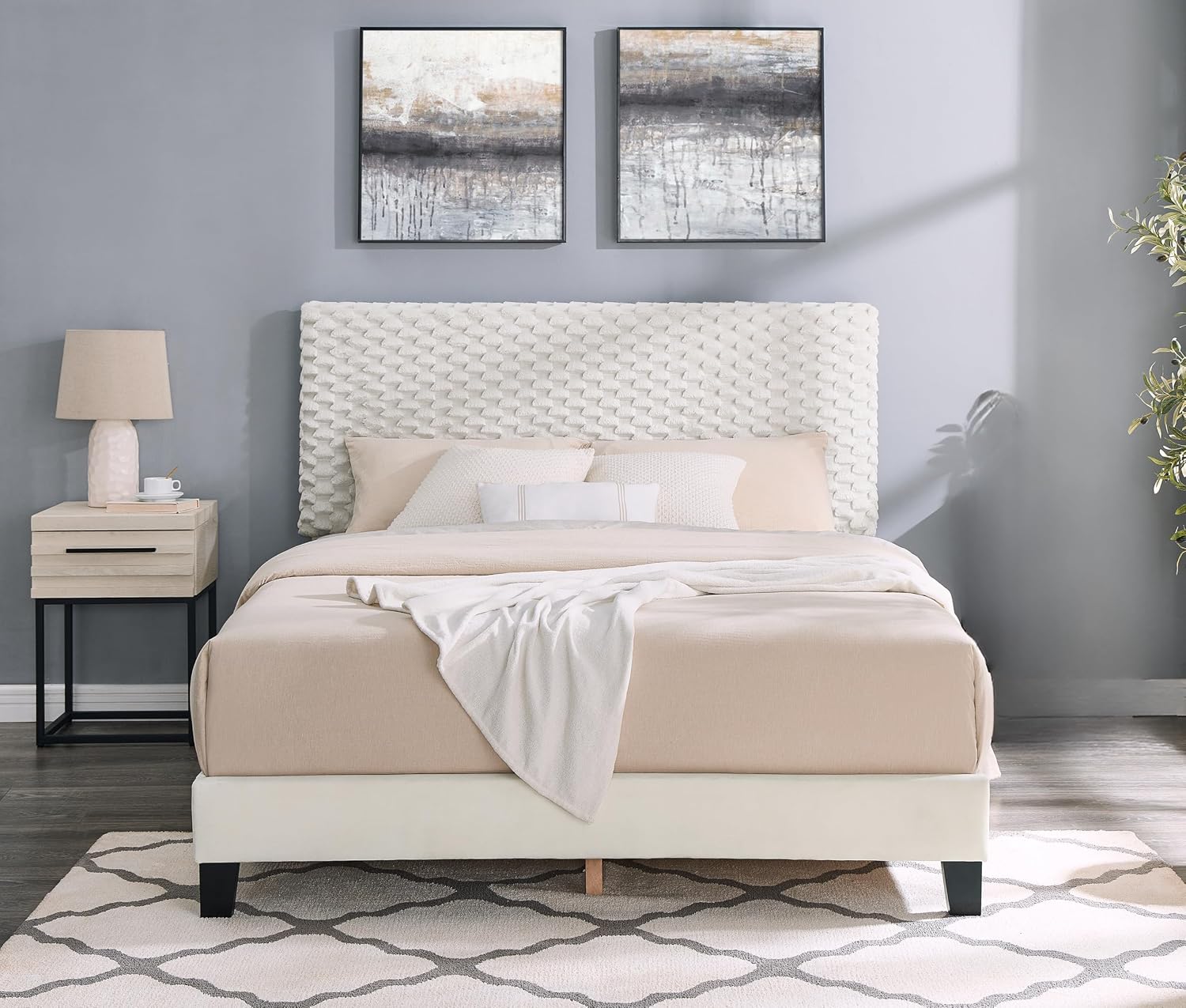 Elegant Plush 2-Piece Bedroom Set for Cozy Comfort, Upholstered Full Bed with Stylish Nightstand, Off White