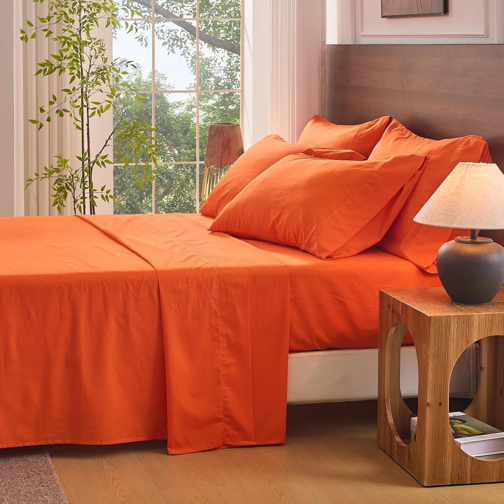 Bedlifes 100% French Flax Linen Sheets Set King Size - 6 Piece Extra Deep Pocket 18-24',Soft Breathable King Bed Sheets with Temperature Regulating & Moisture-Wicking(Orange