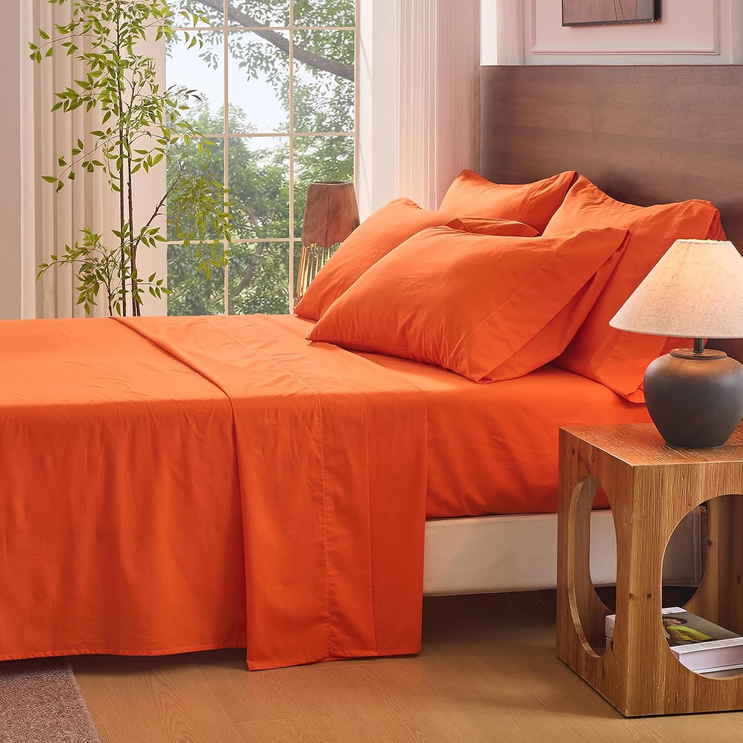 Bedlifes 100% French Flax Linen Sheets Set King Size - 6 Piece Extra Deep Pocket 18-24',Soft Breathable King Bed Sheets with Temperature Regulating & Moisture-Wicking(Orange