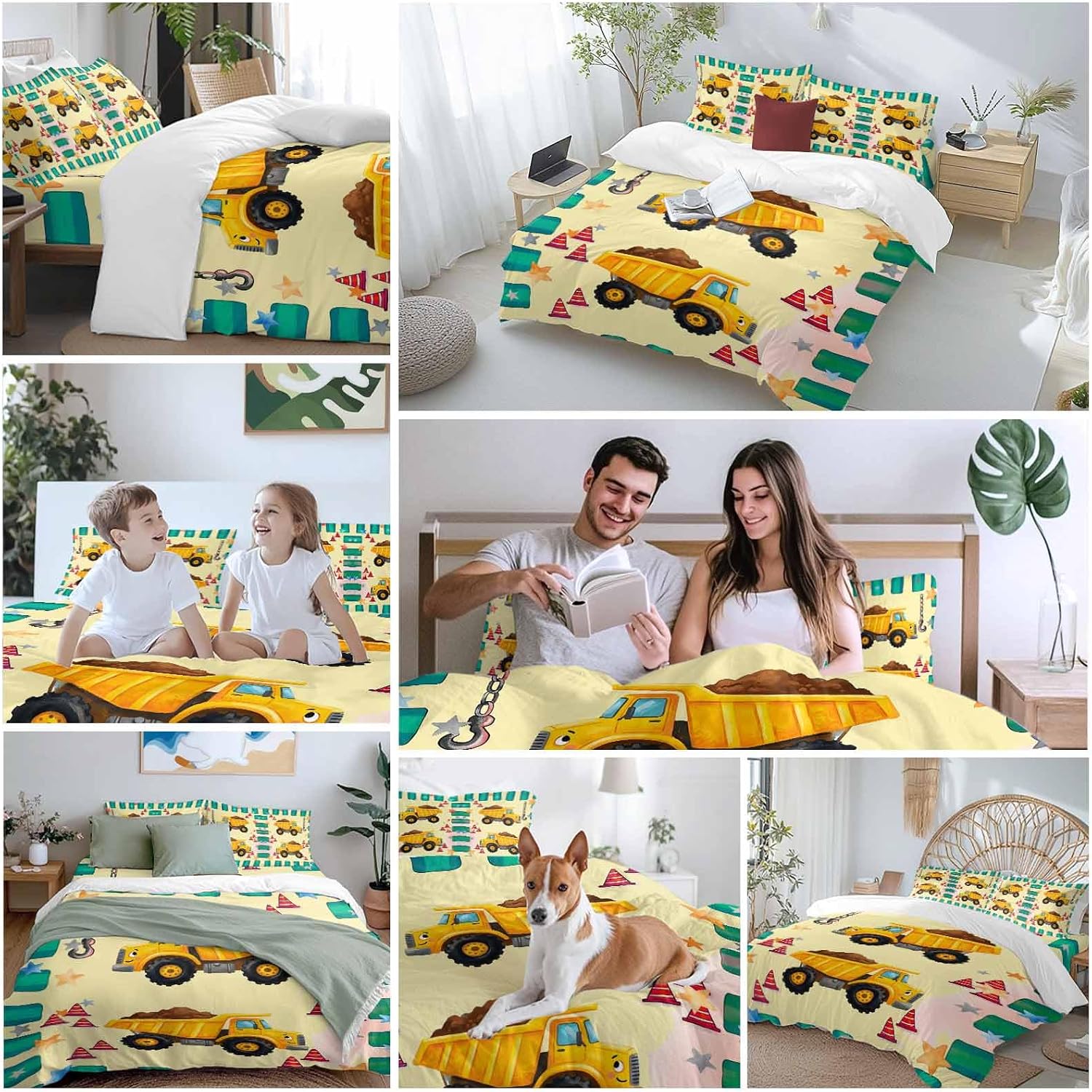 Prime Leader Cartoon Caravans Duvet Cover Set Queen Size 4 Pieces Hookups Roadblocks Stars Green Border Bedding Set with Zipper Closure, 1 Comforter Cover 86x86 Inches 1 Flat Sheet & 2 Pillow Cases
