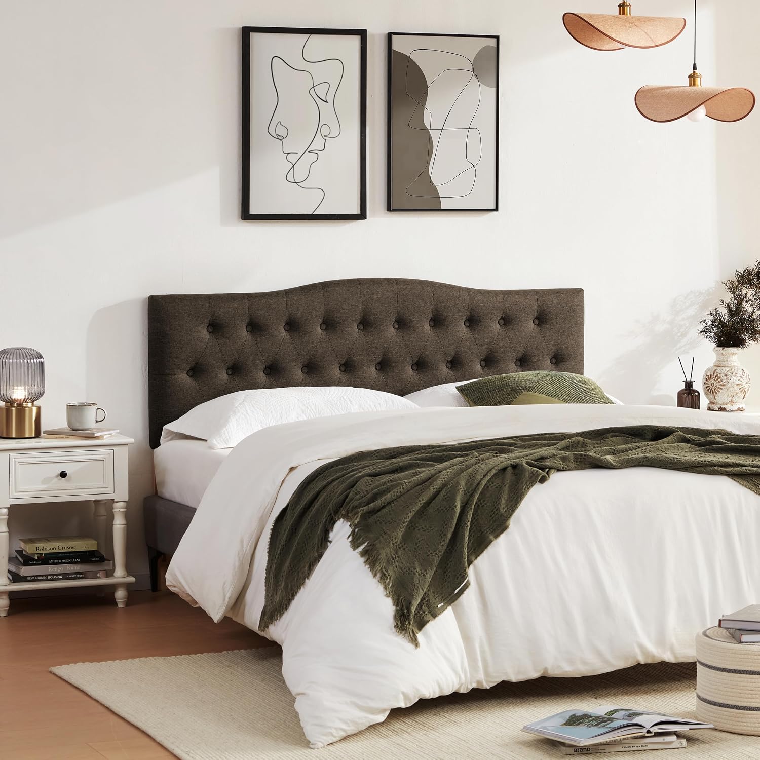 Huatean Home Tufted Upholstered Headboard Full Size, Sturdy and Durable Solid Wood Bed headboard, Fabric Headboard Adjustable Height from 37' to 51', Button Diamond Design Head Board, Chocolate