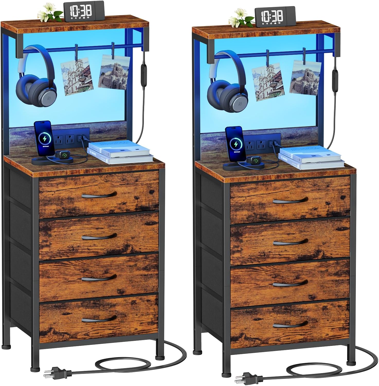 Furnulem Night Stand Set 2, Tall Nightstand with Charging Station and LED Lights, Nightstand with 4 Fabric Drawers and Storage Shelves, Bedside Table Side Tables Set of 2 for Bedroom, Rustic Brown