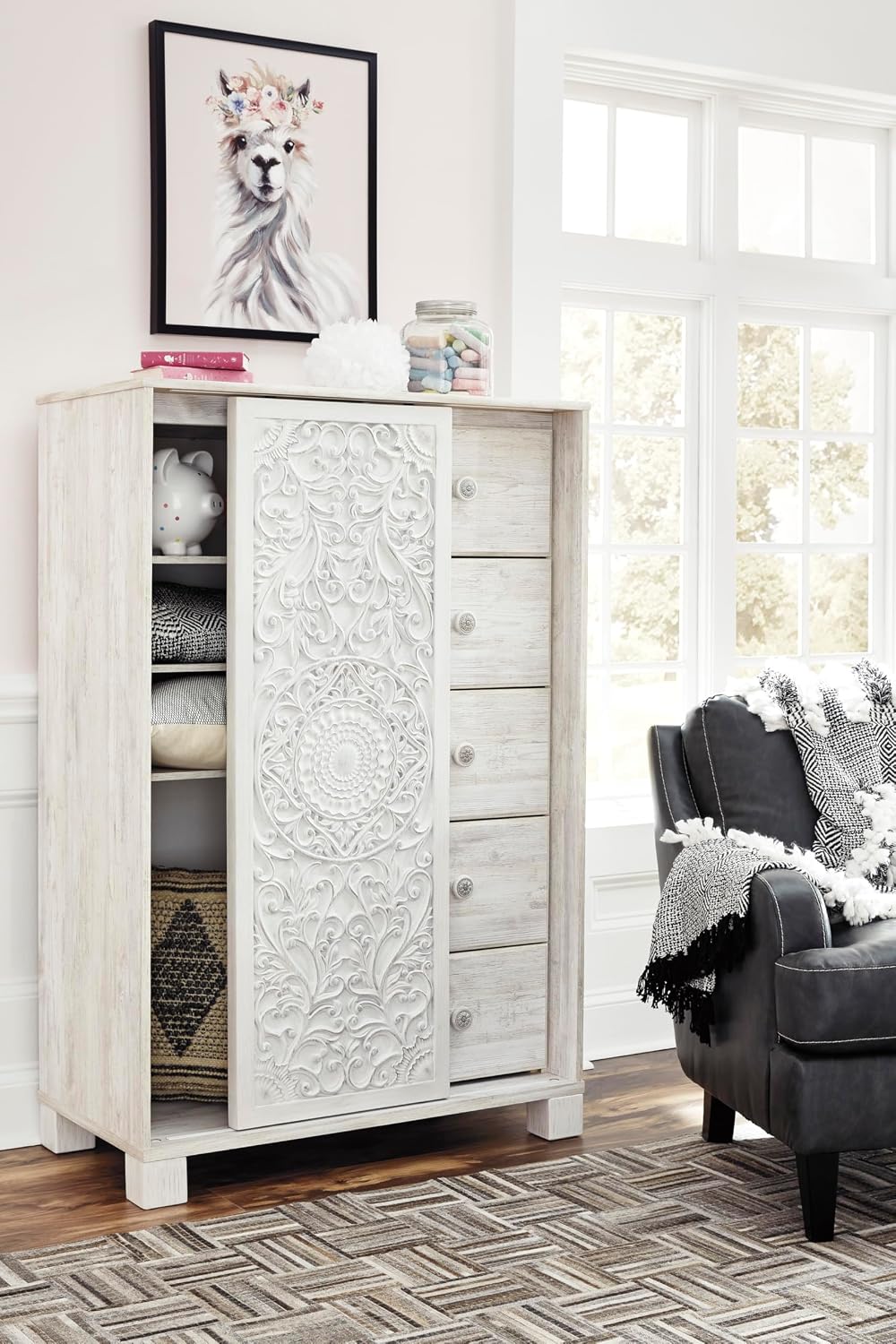 Signature Design by Ashley Paxberry Boho 5 Drawer Dressing Chest with Slider Door & 3 Adjustable Shelves, Whitewash