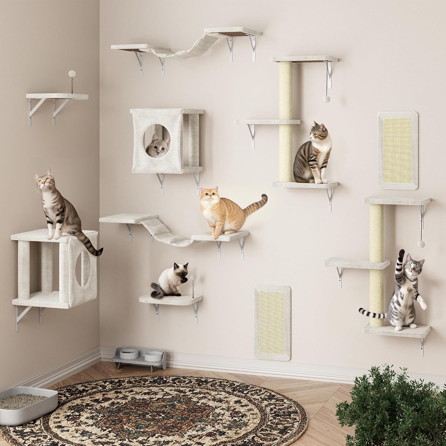 NUNU LAB Cat Wall Shelves, 10-in-1 Wall-Mounted Cat Furniture Set, Large Cat Climber Set with House, Bridge, Steps, Scratcher, DIY Playground, Shelves for Indoor Wall Furniture Set, Beige