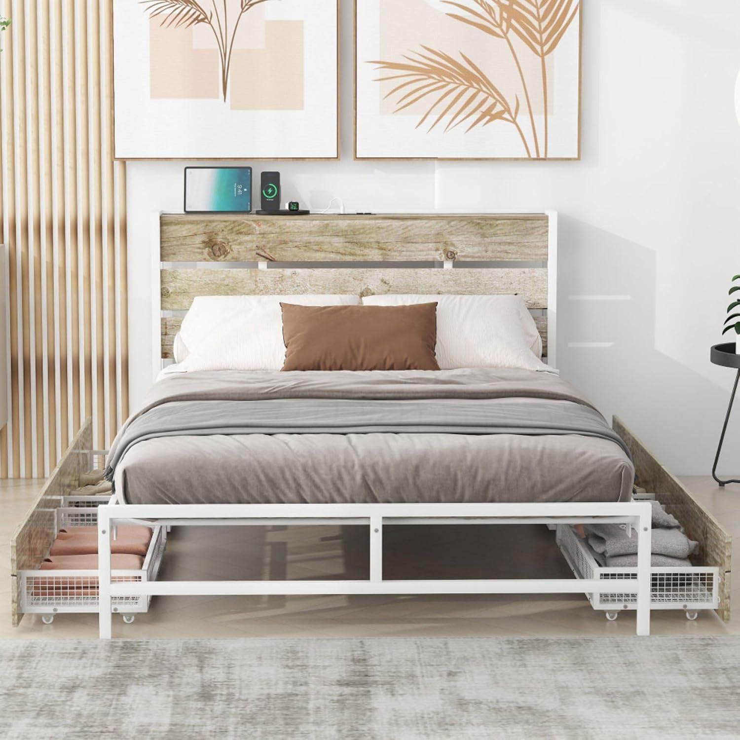 Rustic Wood Platform Bed Frame with 4-Drawer Storage, Charging Station Headboard, 12 Metal Slats, No Box Spring Needed, USB Ports & Outlets, Full Size Modern Bedroom Furniture Set