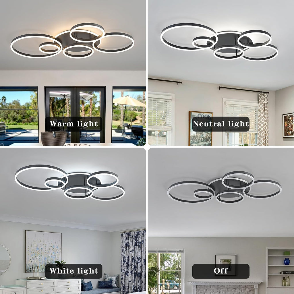 O'NEELDY Black Flush Mount Ceiling Light Dimmable Dining Room Light Fixture Round 6 Rings Modern LED Ceiling Light with Remote Control 47' Kitchen Lighting Fixture Ceiling Lamp for Living Room,Bedroom