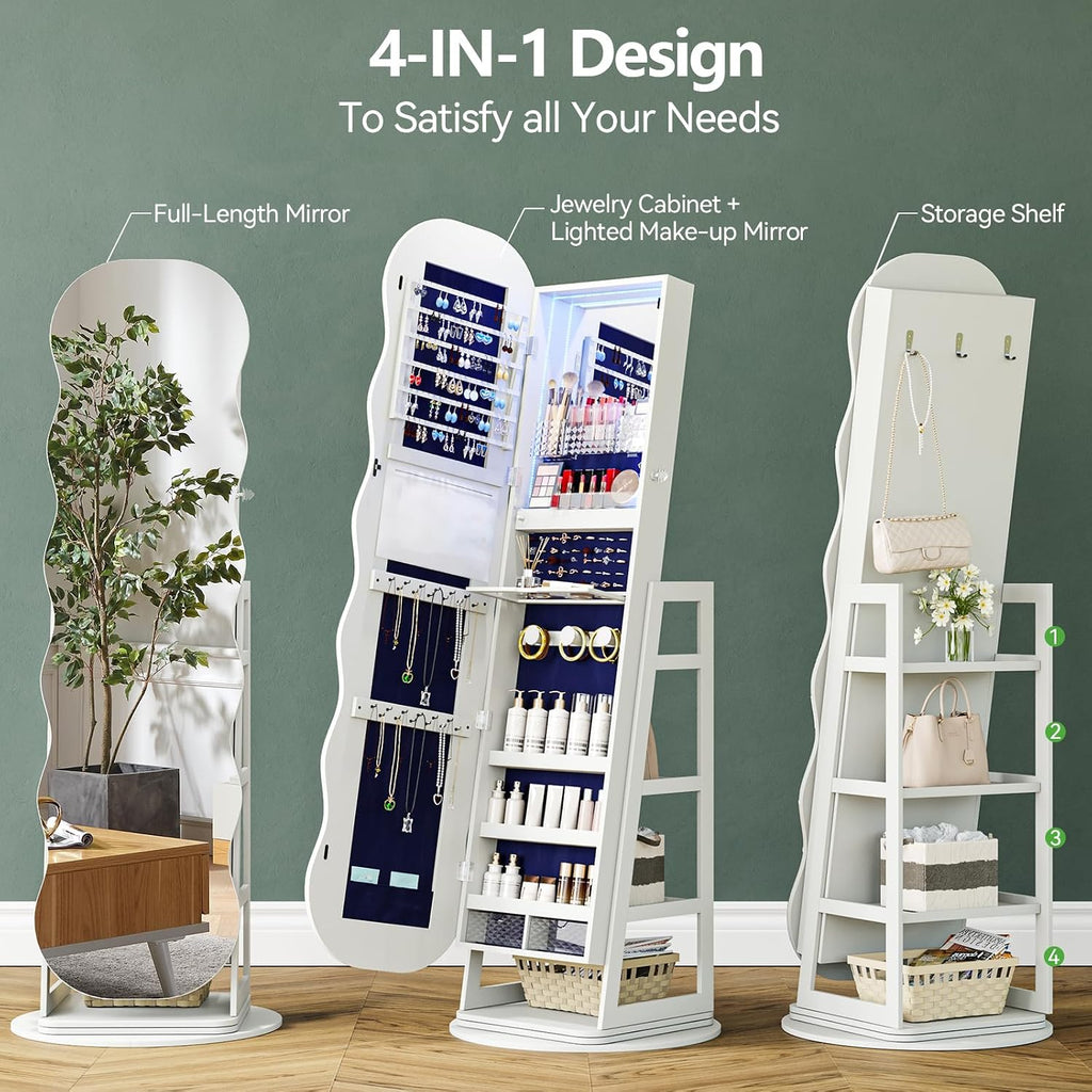 HNEBC 360° Swivel Jewelry Cabinet with Lights, LED Jewelry Armoire with Mirror, Wavy Wide Full-Length Mirror with Storage, Lockable Mirror Jewelry Cabinet Standing (White)