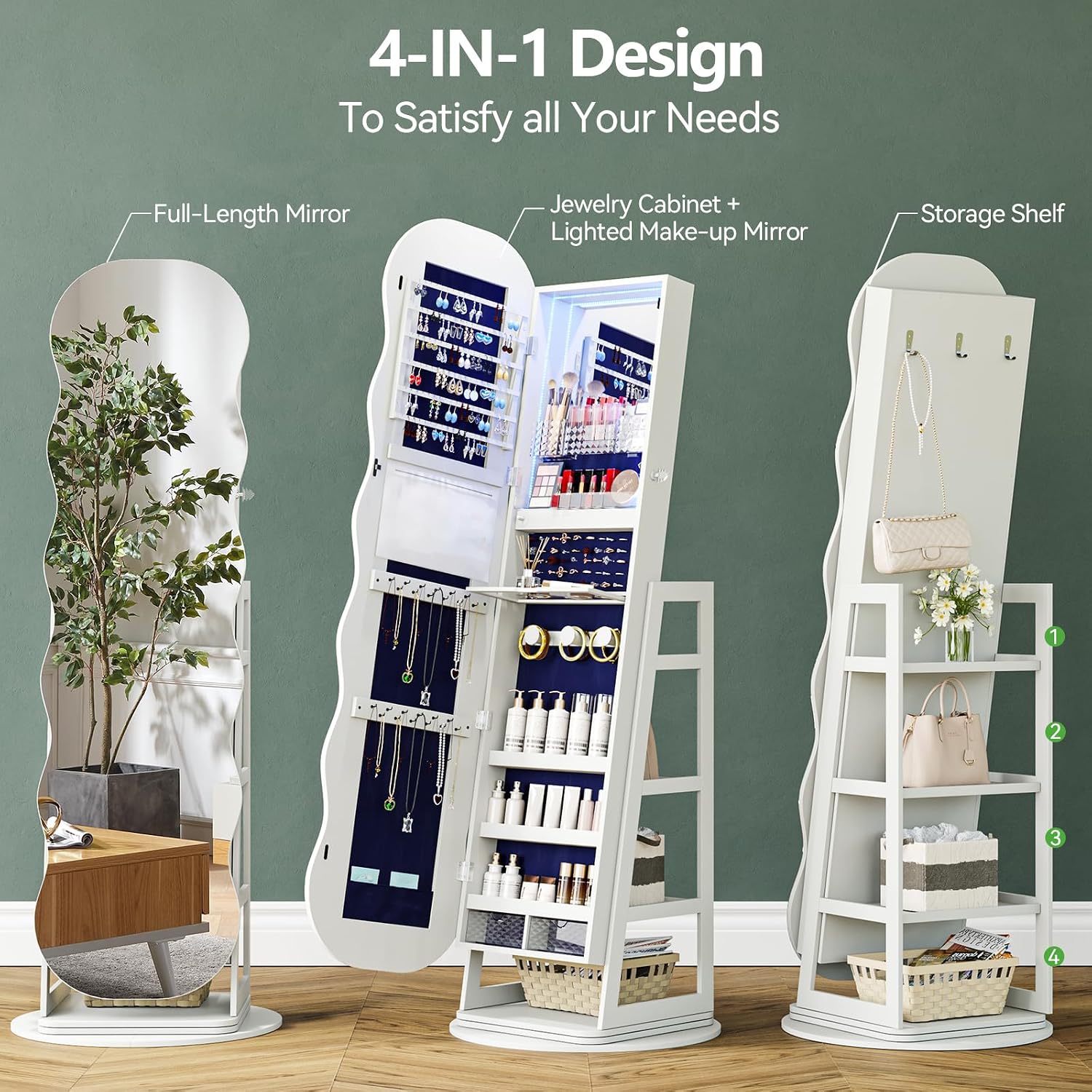 HNEBC 360° Swivel Jewelry Cabinet with Lights, LED Jewelry Armoire with Mirror, Wavy Wide Full-Length Mirror with Storage, Lockable Mirror Jewelry Cabinet Standing (White)
