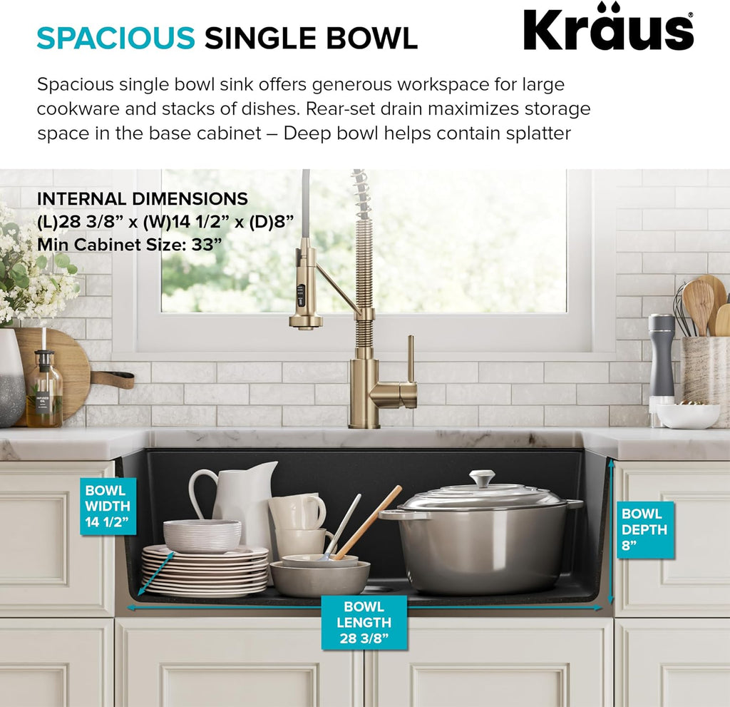 KRAUS Quarza 31-inch Undermount Single Bowl Granite Kitchen Sink in Black Onyx, KGU-413B
