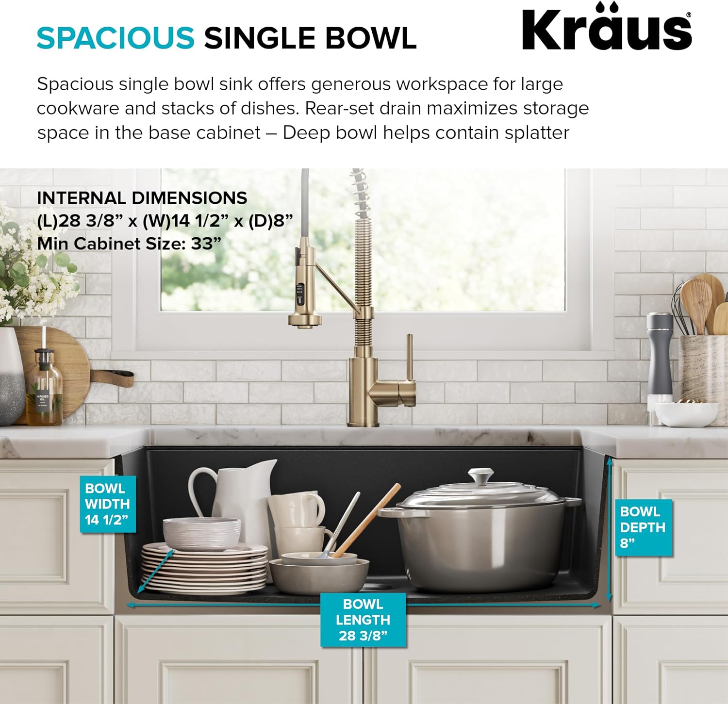 KRAUS Quarza 31-inch Undermount Single Bowl Granite Kitchen Sink in Black Onyx, KGU-413B