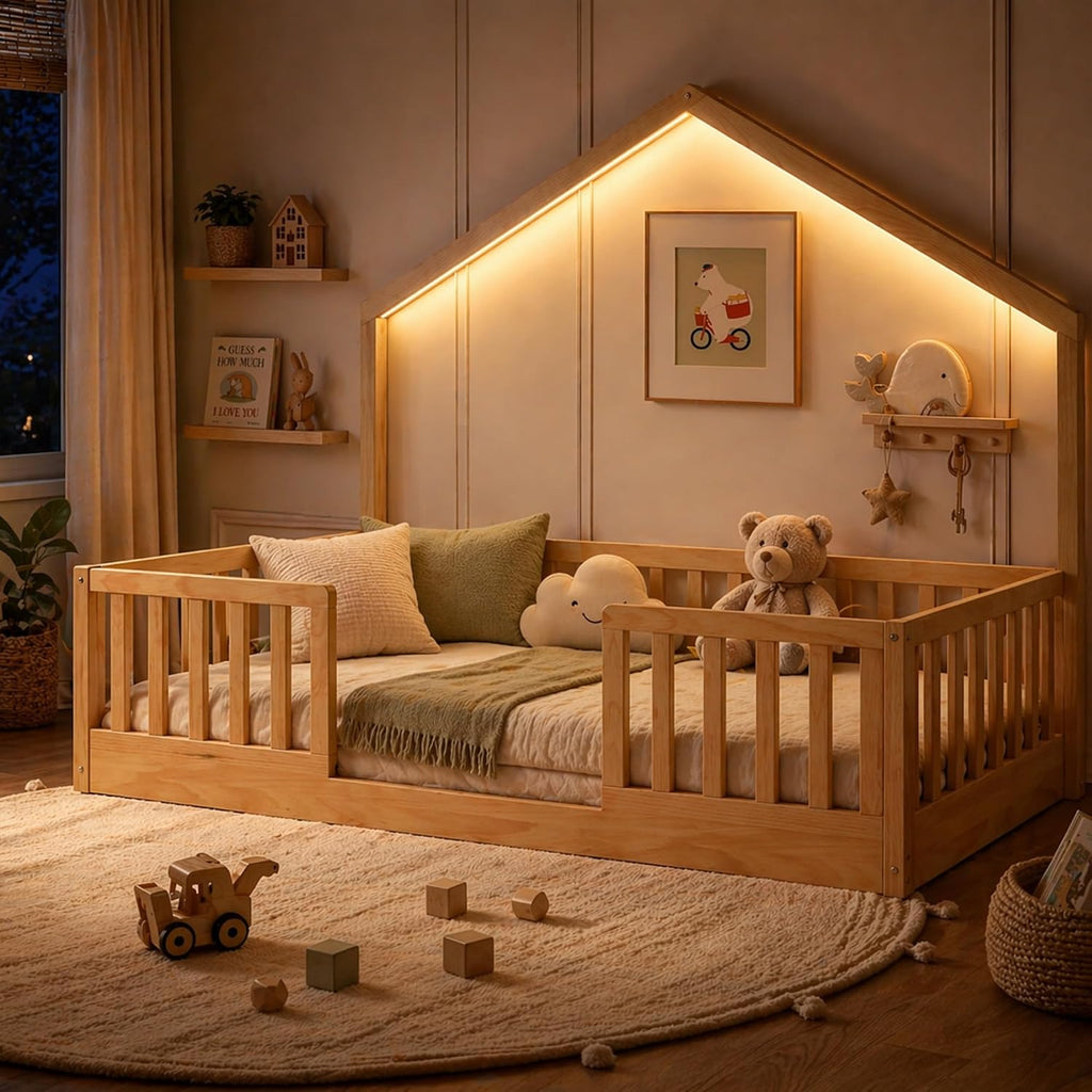 Twin Floor Bed Frame with High Rails, Wooden Montessori Floor Bed Twin with Light & Wood Slats, Low Profile Montessori Beds for Kids, Boys & Girls, Natural