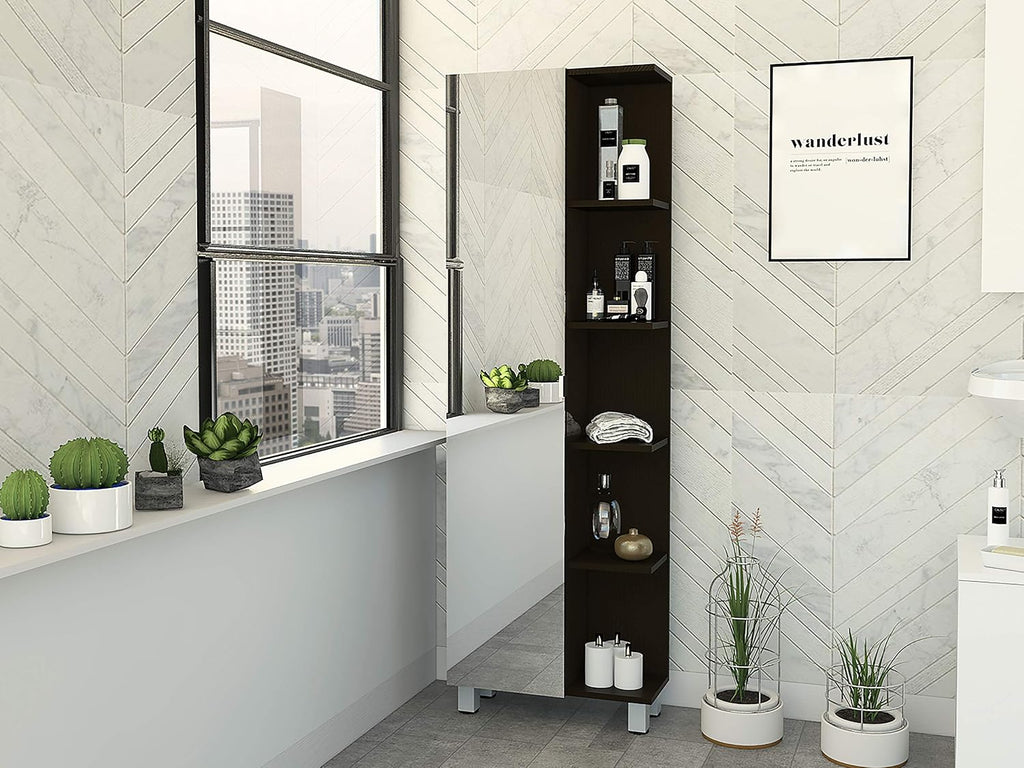 FM FURNITURE Los Angeles Mirror Linen Cabinet with 5 Open Shelves and 4 Inner Shelves, Black