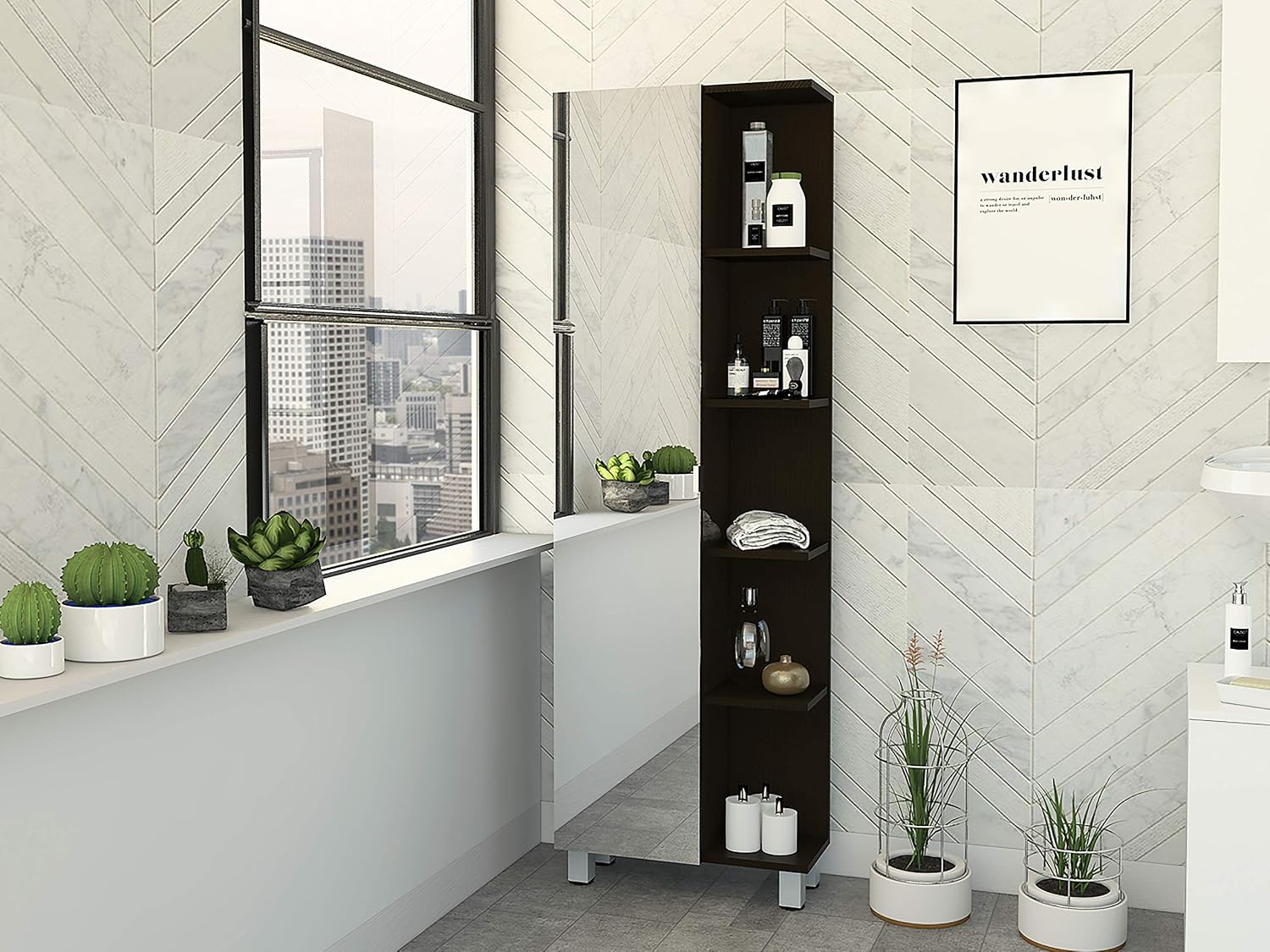 FM FURNITURE Los Angeles Mirror Linen Cabinet with 5 Open Shelves and 4 Inner Shelves, Black